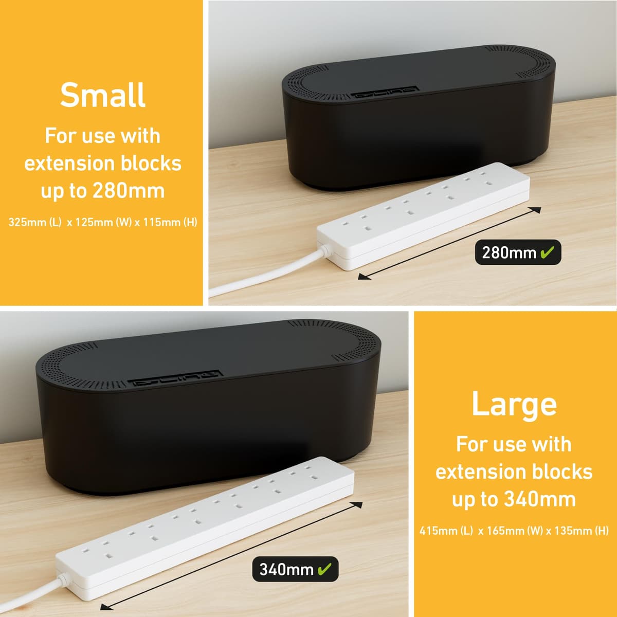 D-Line Caja Organizadora de Cables, Oculta Regletas y Gestiona Cables de Escritorio o TV – 325 mm (L) x 125 mm (An) x 115 mm (Al) – Tamaño Pequeño – Negro — view 3