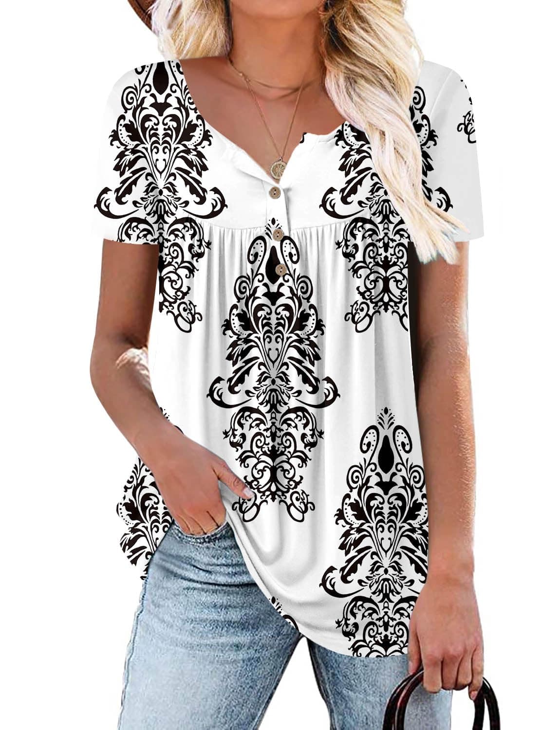 KISSMODA Ladies Pleated Tunic Tops for Women Buttons up Long Sleeve Shirts Floral Print — view 31