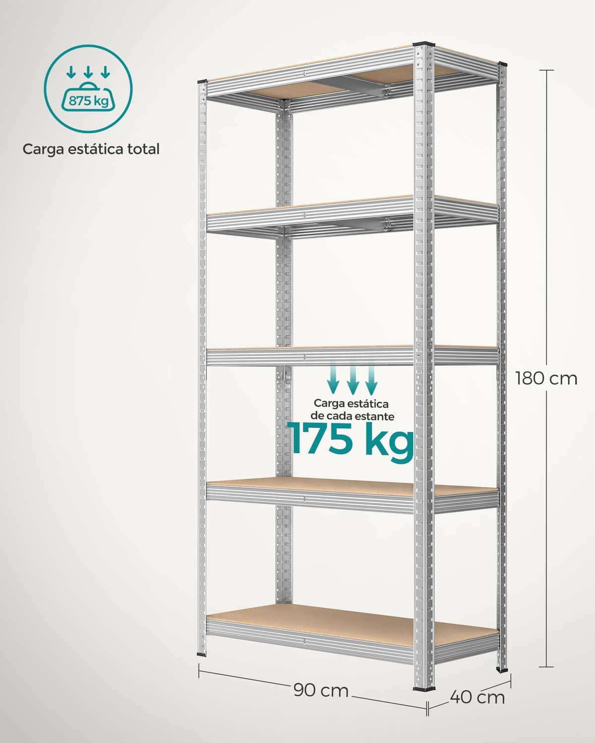 SONGMICS Estantería Pesada de 5 Niveles, Estantería de Acero, Montaje sin Herramientas, para Instrumentos, Garaje, Almacén, Trastero, Carga de 875 kg, 40 x 90 x 180 cm, Plata GLR40SV — view 2