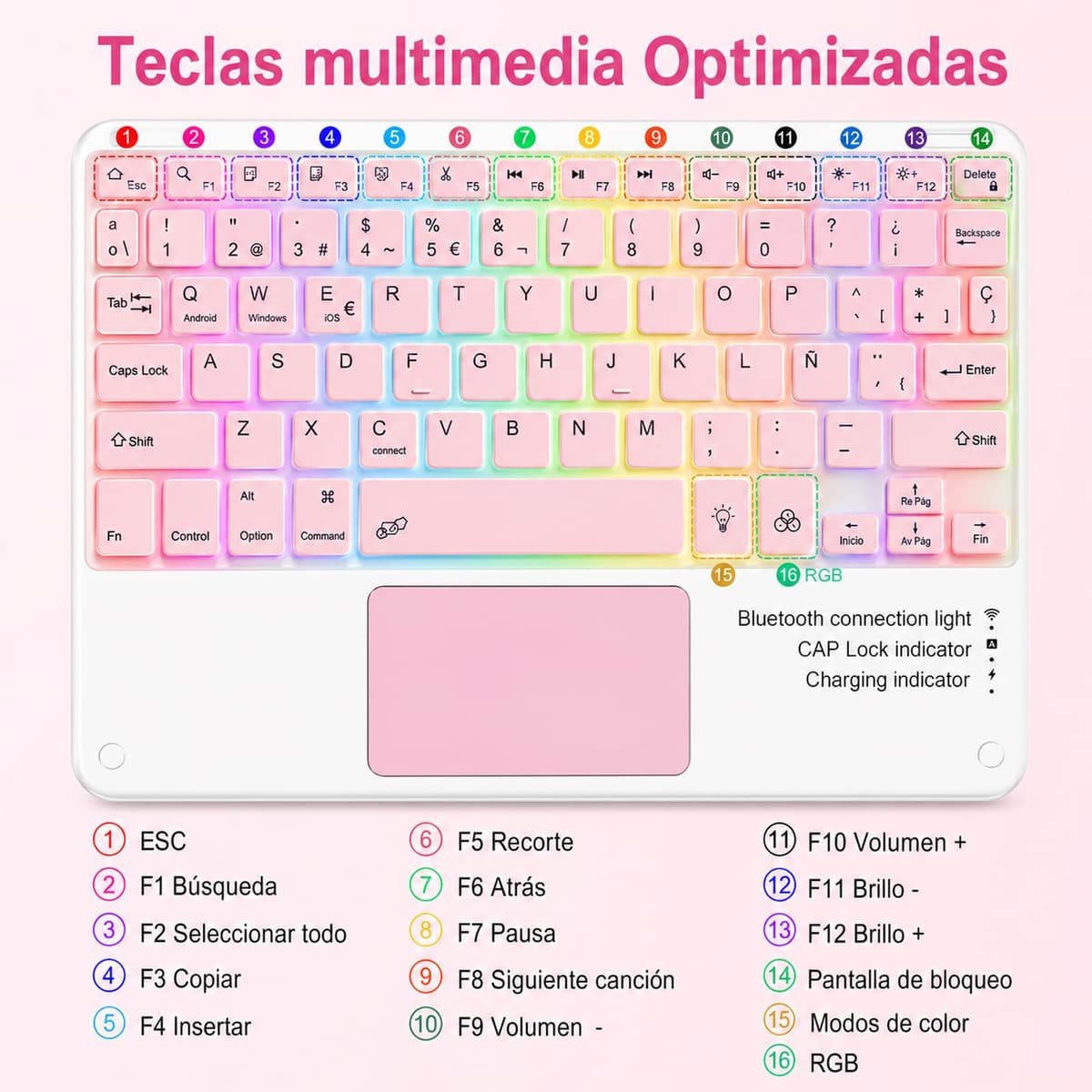 Teclado Bluetooth con Touchpad para iPad,Teclado Español Ñ Inalámbrico Retroiluminado para Tablets,Android,iOS y Windows,Teclado con 7 Colores Recargable Portátil QWERTY para iPad,Samsung,Huawei — view 4