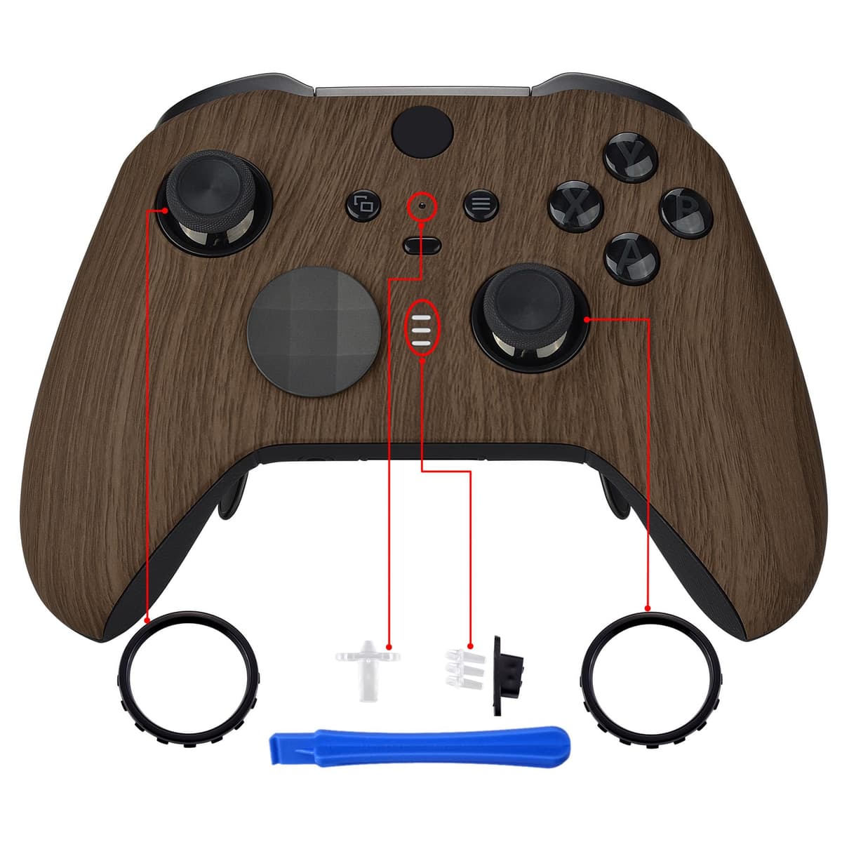 eXtremeRate Wood Grain Patterned Faceplate Cover, Soft Touch Front Housing Shell Case Replacement Kit for Xbox One Elite Series 2 Controller Model 1797 - Thumbstick Accent Rings Included — view 4