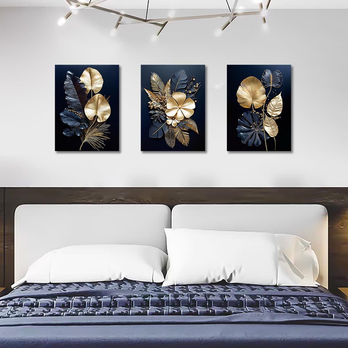FajerminArt 3 Panels Modern Canvas Wall Art Navy Blue Gold Flowers Coconut Leaves Pictures Painting on Canvas Prints for Living Room Bedroom Office Wall Decoration Stretched On Frame 40x60cmx3Pcs — view 3