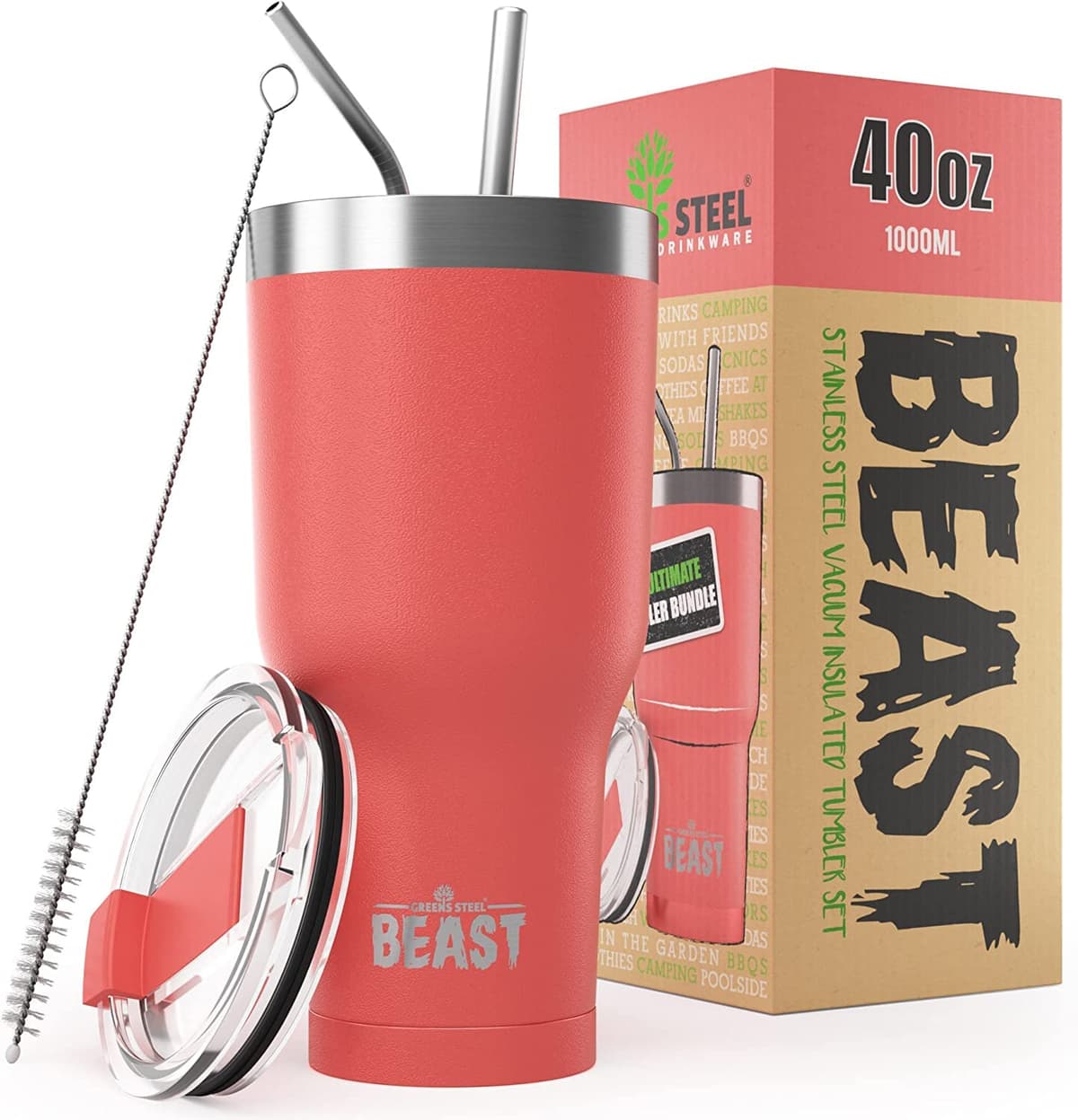Greens Steel Beast Tumbler – 550 ml (20 oz), Coral | Vaso de acero inoxidable reutilizable con aislamiento al vacío | con 2 pajitas y cepillo de limpieza | Termo de viaje de doble pared — view 48