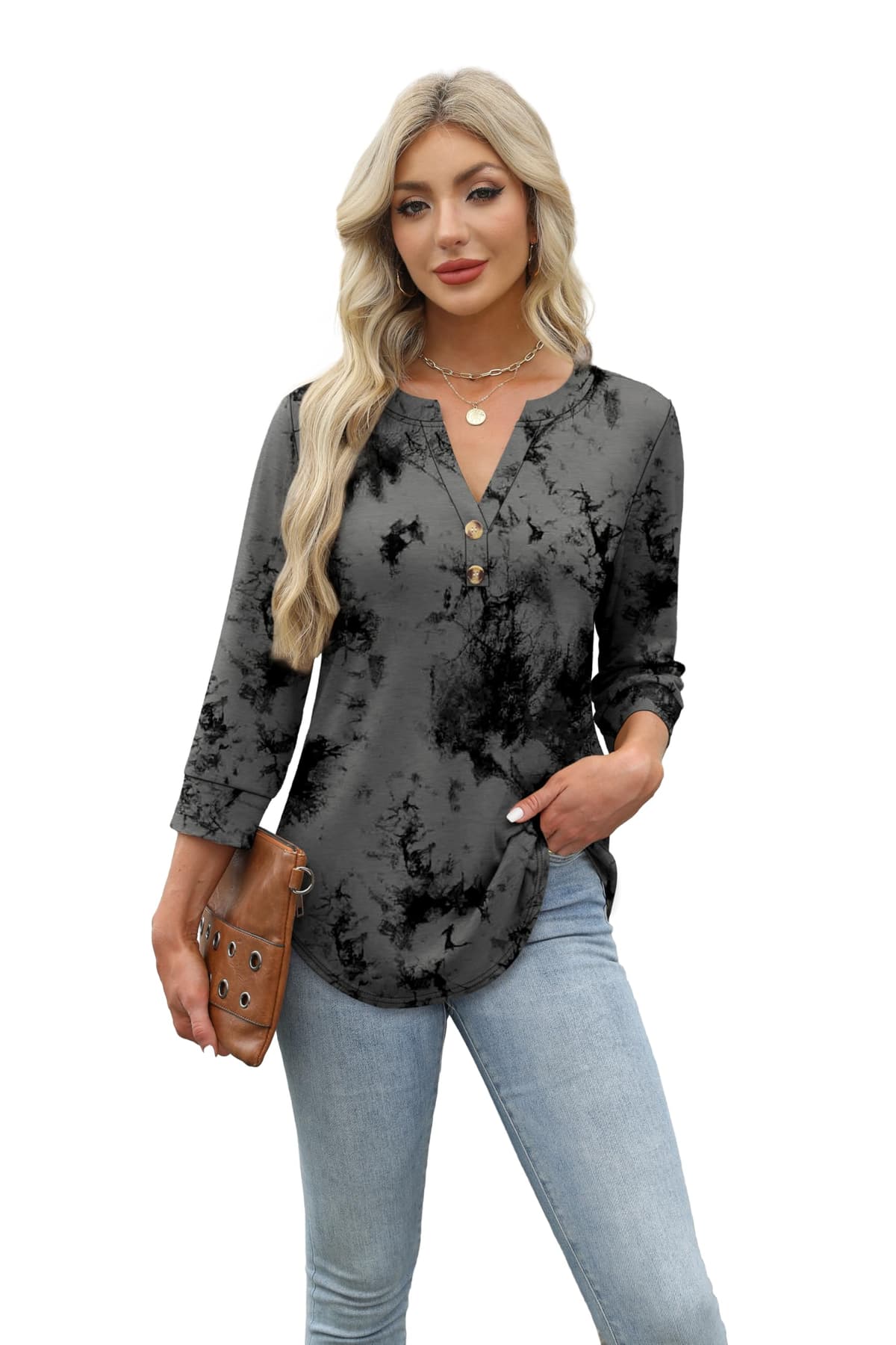 Aokosor Womens 3/4 Sleeve Tops Ladies Blouse V Neck Tunic Long Sleeve T Shirts Curved Hem Office Wear — view 2