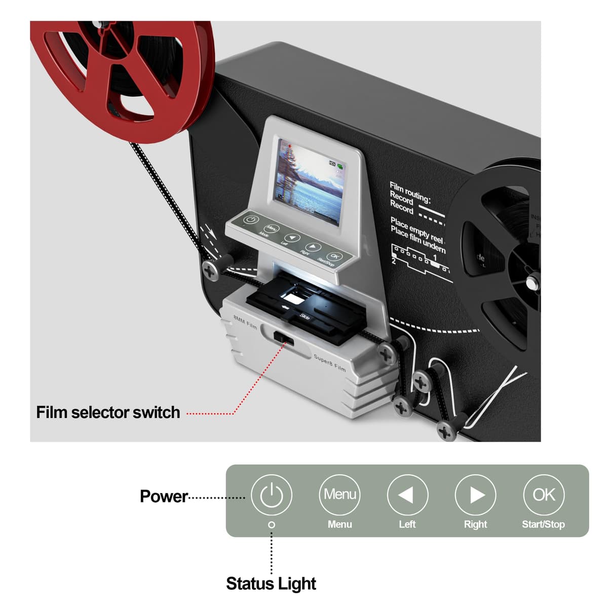 8mm & Super 8 Film to Digital Converter, Frame-by-Frame Film Scanner Digitizer to MP4, 2.4" LCD Screen, Supports 3” 5” 7” 9” Reels, 32GB SD Card Included — view 4