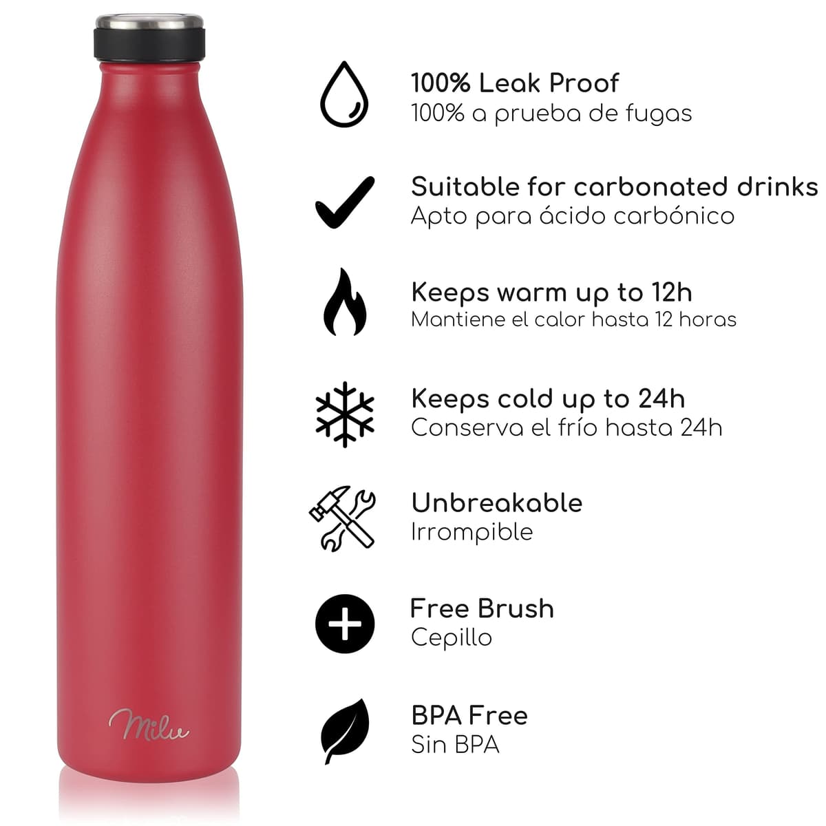 Milu Botella de acero inoxidable de 350ml 500ml 750 ml 1 L 1,5 L botella de agua aislada, termo a prueba de fugas, doble pared, apta para ácido carbónico + cepillo de limpieza (Azul Violeta, 350ml) — view 215