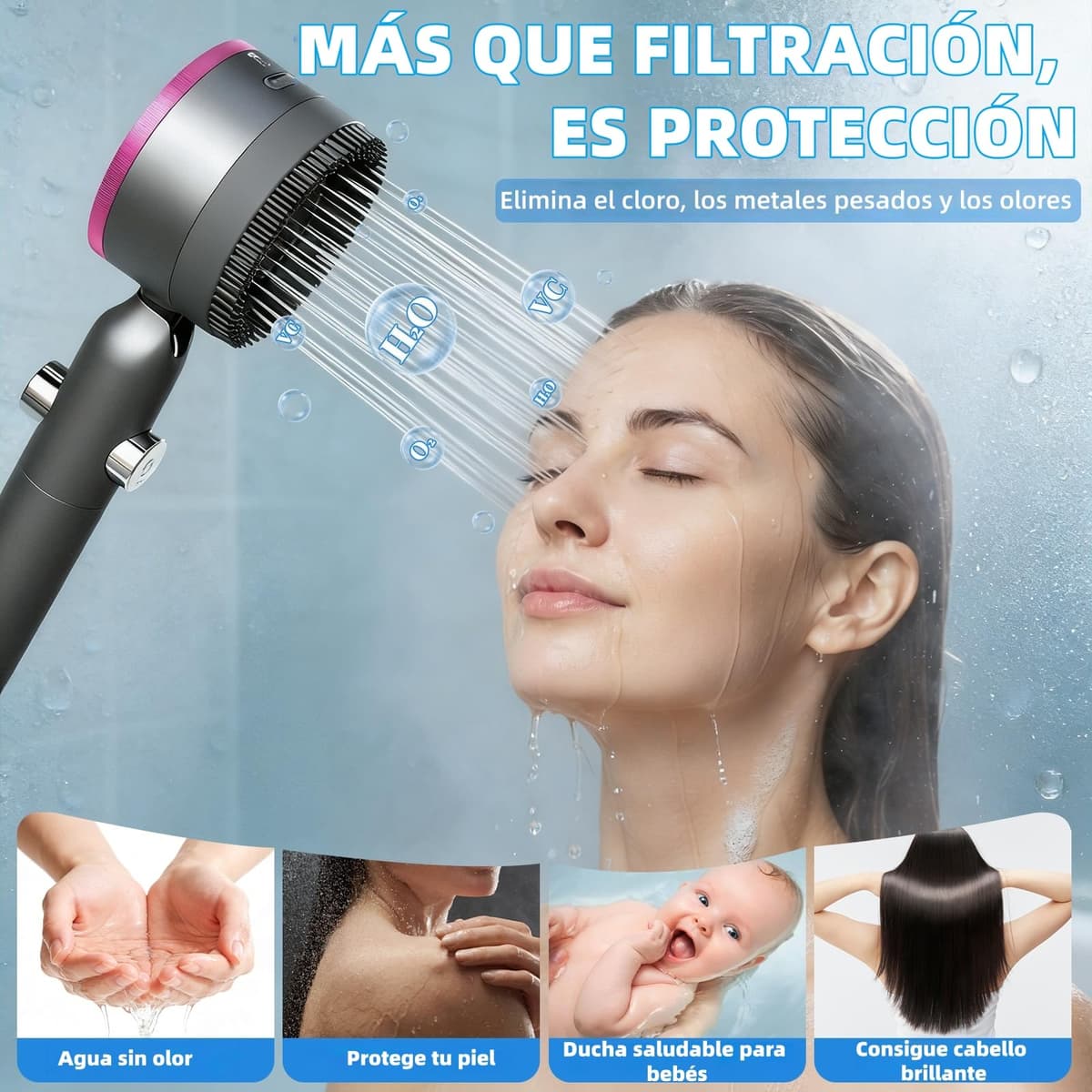 Alcachofa de Ducha Alta Presión con Filtro Antical,Cabezal de Ducha 4 Modos con Función de Masaje,Ahorro de Agua,Kit con Manguera 1.5M,5 Filtros y Soporte,Botón de Parada ON/OFF,Ajuste Estándar — view 3