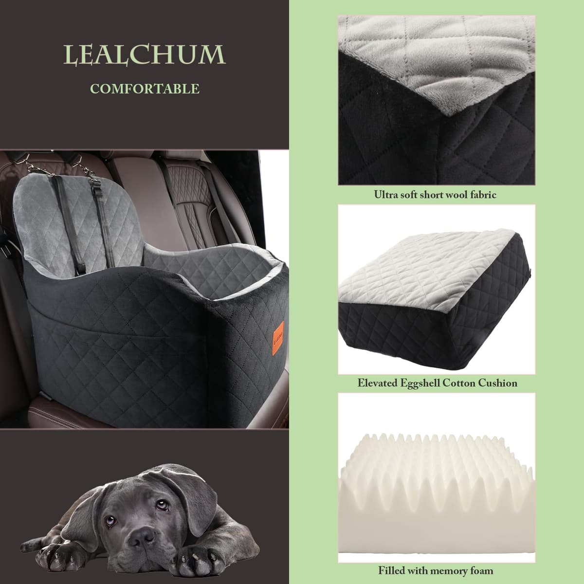 Lealchum Dog Booster Car Seat for S/M Dogs Up to 35lbs,Soft 6in Elevated Cushion,Fits in Front/Back Seat,Fully Detachable and Washable,2 Storage Pockets & 3 Straps,Easy to Install (Black/Brown,Medium) — view 4