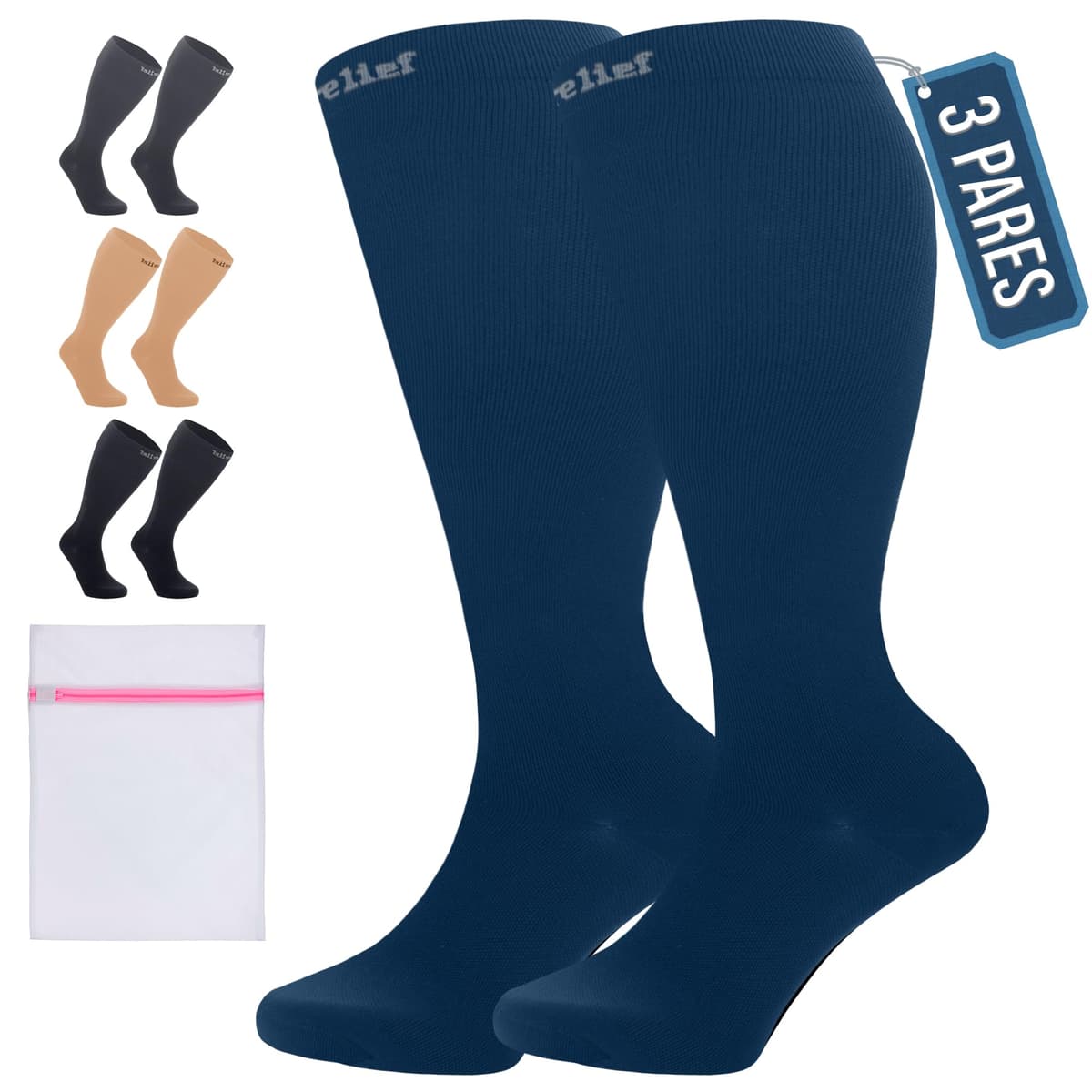 360 Relief Medias de Compresión Mujer y Hombre - 1 Par Calcetines de Compresión para Deportes, Correr, Volar, Viaje, Trabajo, Footing - S/M Beis con Bolsa de Malla — view 87