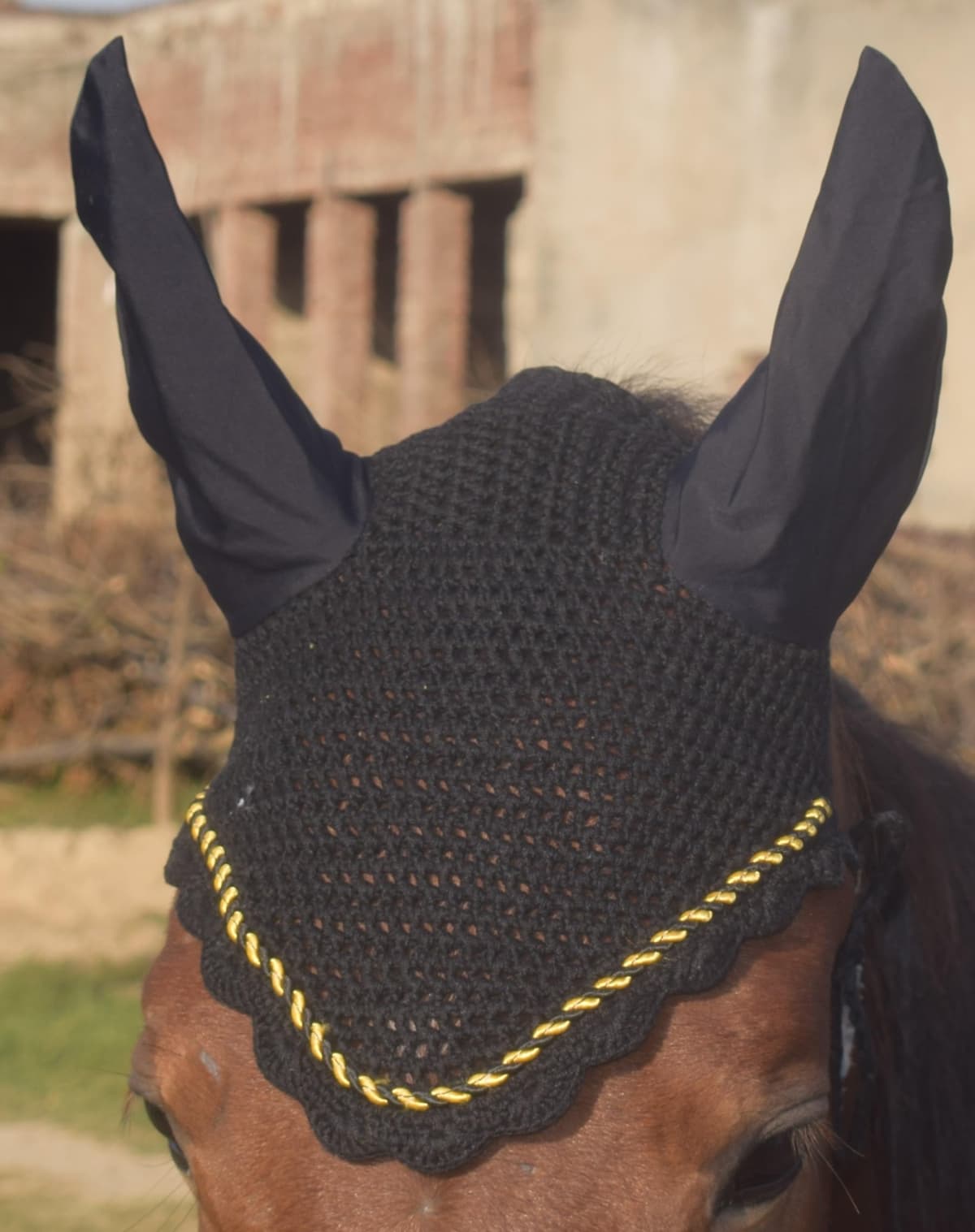 ZAINEE HORSE FLY VEIL EAR BONNET NET BREATHABLE COTTON HAT EQUESTRIAN (Pony, Black) — view 7