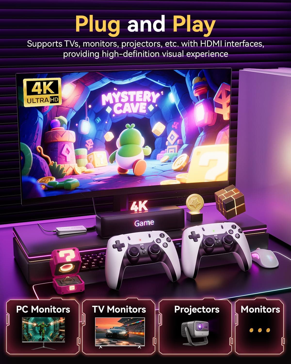 2026 Upgraded Retro Gaming Console, Retro Game Stick, 4K HD HDMI TV Game Stick, Built-in Classic Video Games, Plug & Play Game Console for TV 2 Wireless Controllers — view 4