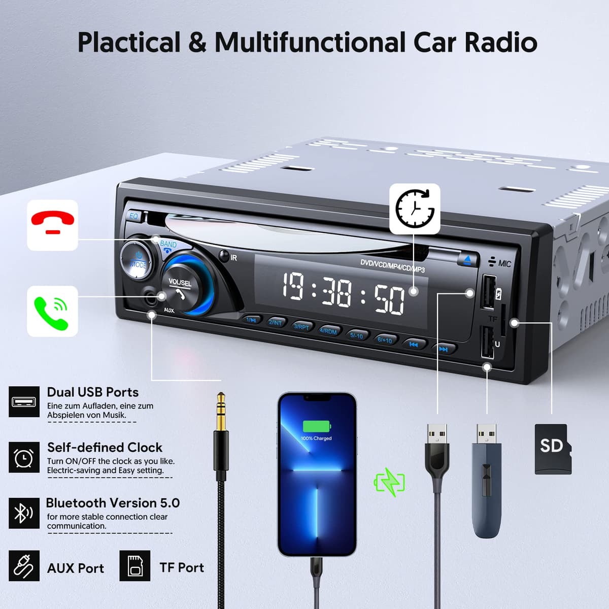 RDS Car Stereo Bluetooth with CD DVD Player, Wistrue FM/AM Car Radio Bluetooth Handsfree with 2 USB/SD/AUX, Single Din Car Stereo 7 Colors MP3 Player,Fits 9-24V Vehicles — view 5