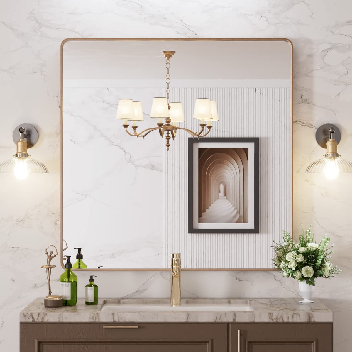 LOAAO 48”X36” Gold Bathroom Mirror, Rounded Rectangle Gold Frame Mirror, Brushed Gold Bathroom Vanity Mirror Wall-Mounted, Anti-Rust, Tempered Glass, Hangs Horizontally or Vertically — view 100