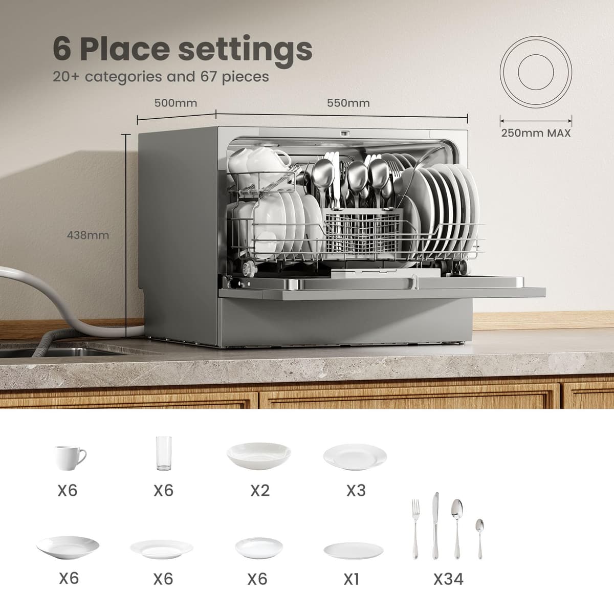 COMFEE' 2026 New Upgraded Table Top Dishwasher with 6 Place Settings, Mini Countertop Dishwasher for Small Families, Couples, Auto Open Dry, LED display, Delay Start, 47dB Quiet Noise, Silver — view 2