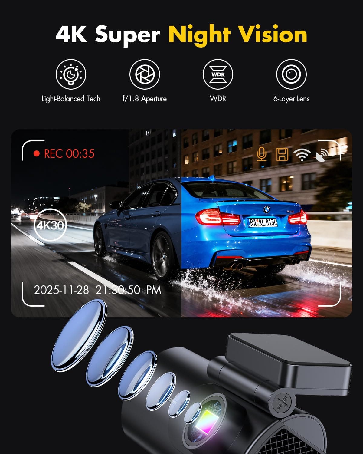 GKU 4K Dash Cam Front and Rear, 5GHz WiFi Dashcam with 64GB SD Card, Dual Car Camera Dash Cam with Parking Monitor, Night Vision, WDR, 170° Wide Angle, G-Sensor, Loop Recording, APP Control, Max 256GB — view 4