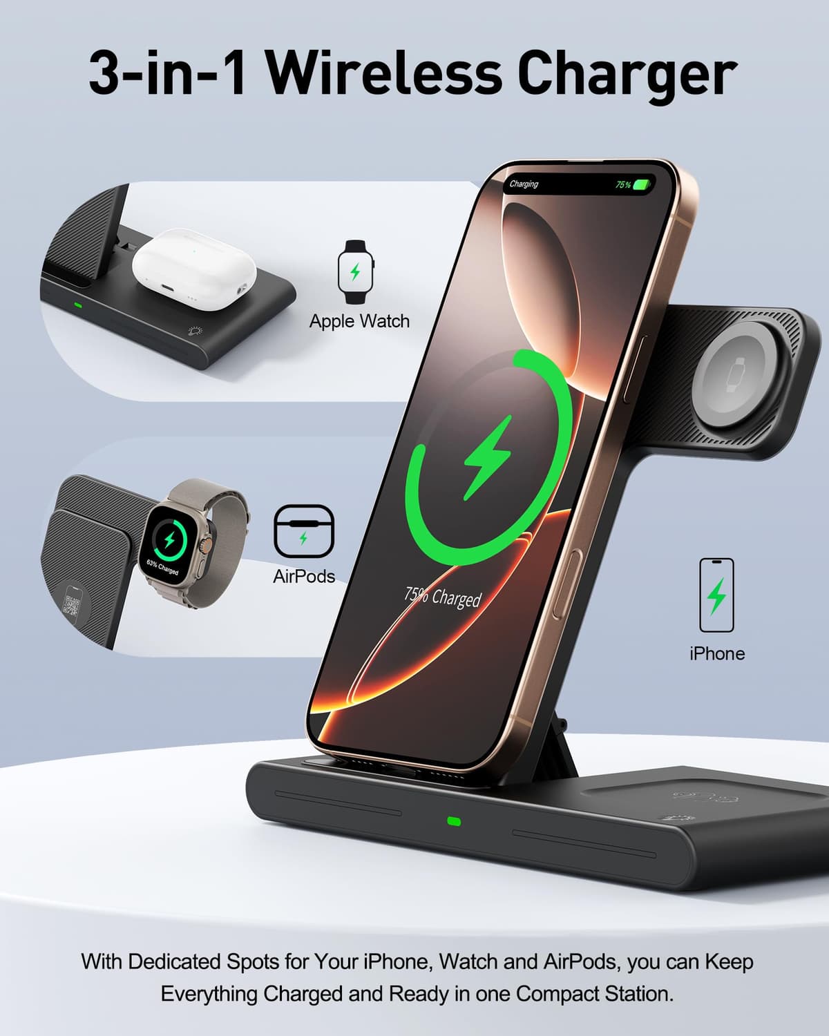 RYND 2026 Travel Portable Wireless Fast Charger for Apple & Android Charging Station,3 in 1 Charging for iPhone17 16 15 14 13 12,Apple Watch Series & Air pods 4 3 2 Pro,Samsung Galaxy — view 3