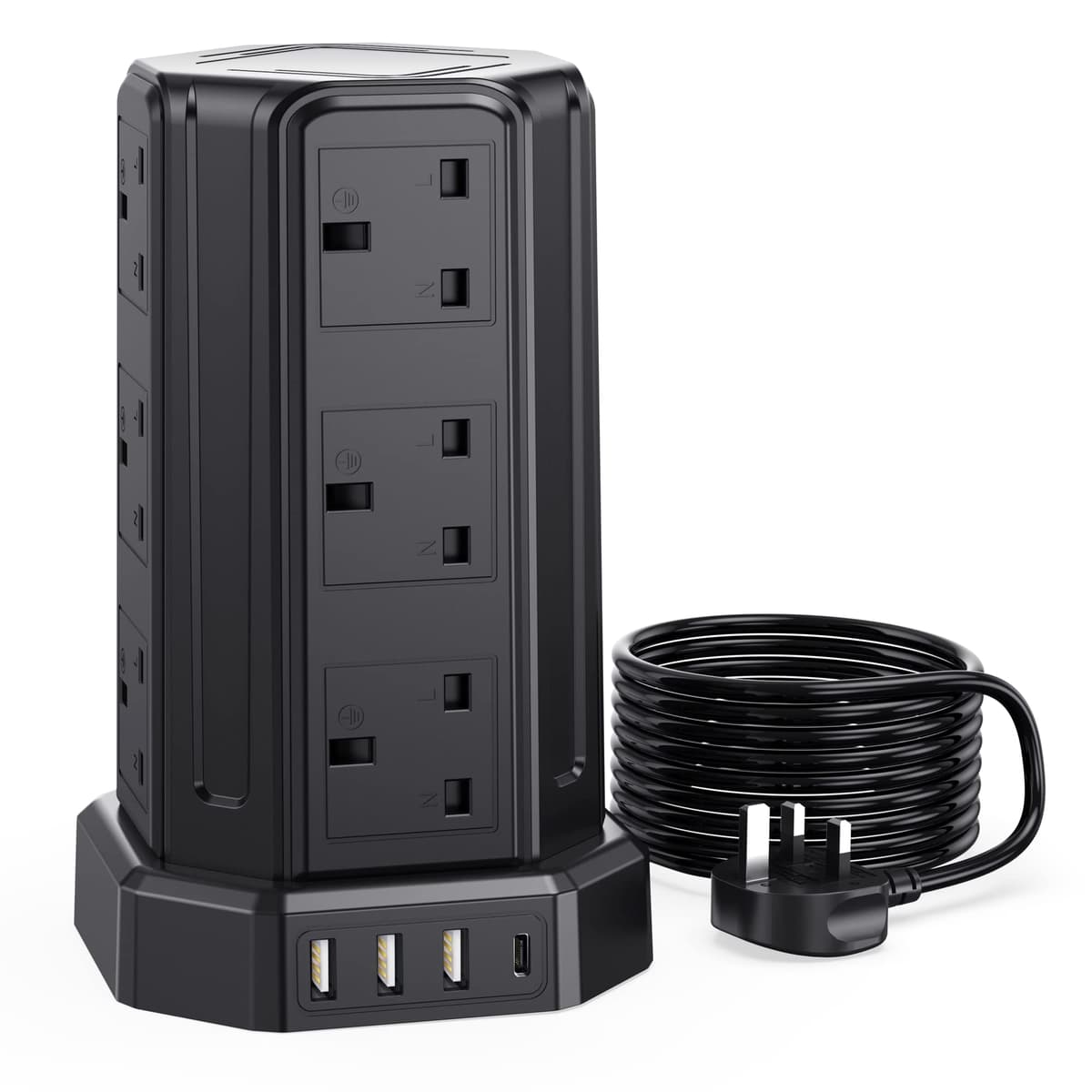 Tower Extension Lead, Aodeng 12 Way Extension Tower Multi Plug Extension Sockets with 4 USB Slots, [13A 3250W] Surge Protector Long Extension cable for Home, Office, Kitchen — view 11
