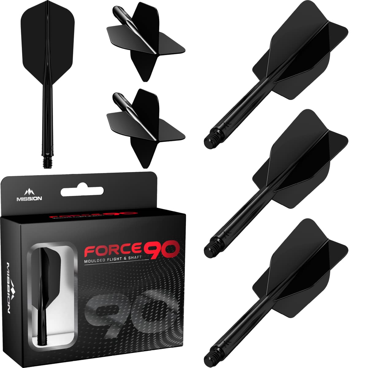 Mission Darts Force 90 | Sistema integrado de vuelo y eje de dardos moldeado de precisión, paquete de 3 plumas y tallos combinados profesionales altamente duraderos 2 en 1 | Delgado