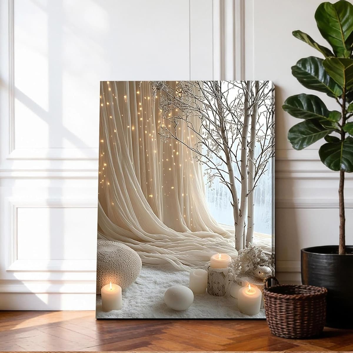 Canvas Wall Art Framed – Cozy Neutral Candle Lights Artwork, Soft Winter Hygge Style Wall Decor for Bedroom, Living Room, Hallway or Entryway Home Decoration, with Hooks and Nails, 12x16 Inch 02 — view 2