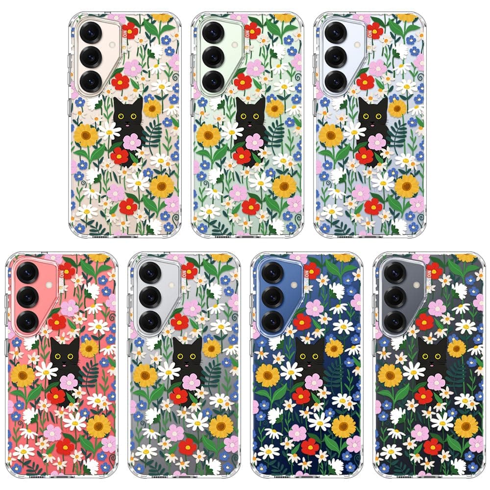 MOSNOVO Case for Samsung Galaxy S25 / Galaxy S24, [Buffertech 6.6ft Military-Grade Drop Protection] [Anti Peel Off Tech] Clear TPU Bumper Phone Case Cover Design - Black Cat in Garden — view 3