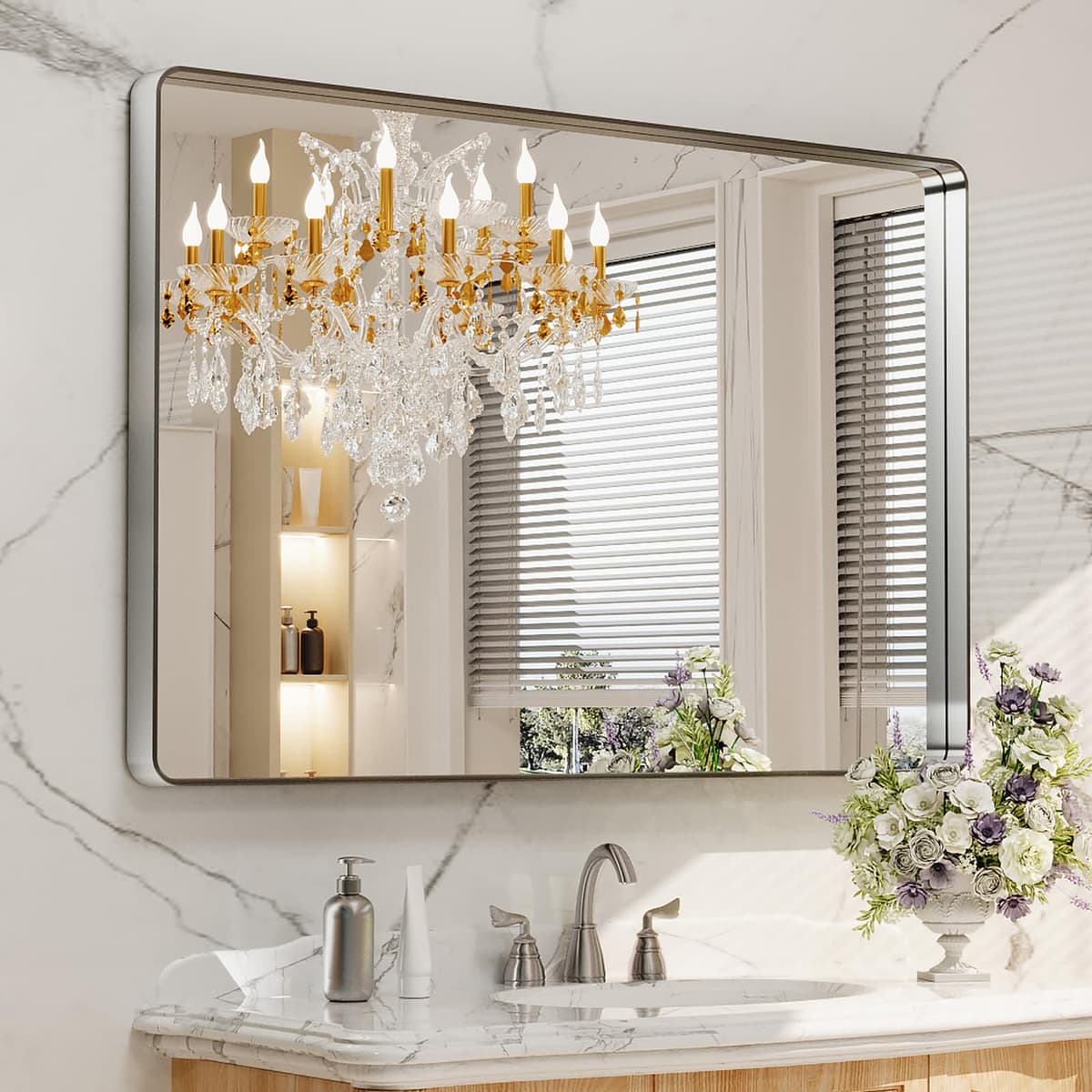 LOAAO 48”X36” Gold Bathroom Mirror, Rounded Rectangle Gold Frame Mirror, Brushed Gold Bathroom Vanity Mirror Wall-Mounted, Anti-Rust, Tempered Glass, Hangs Horizontally or Vertically — view 96
