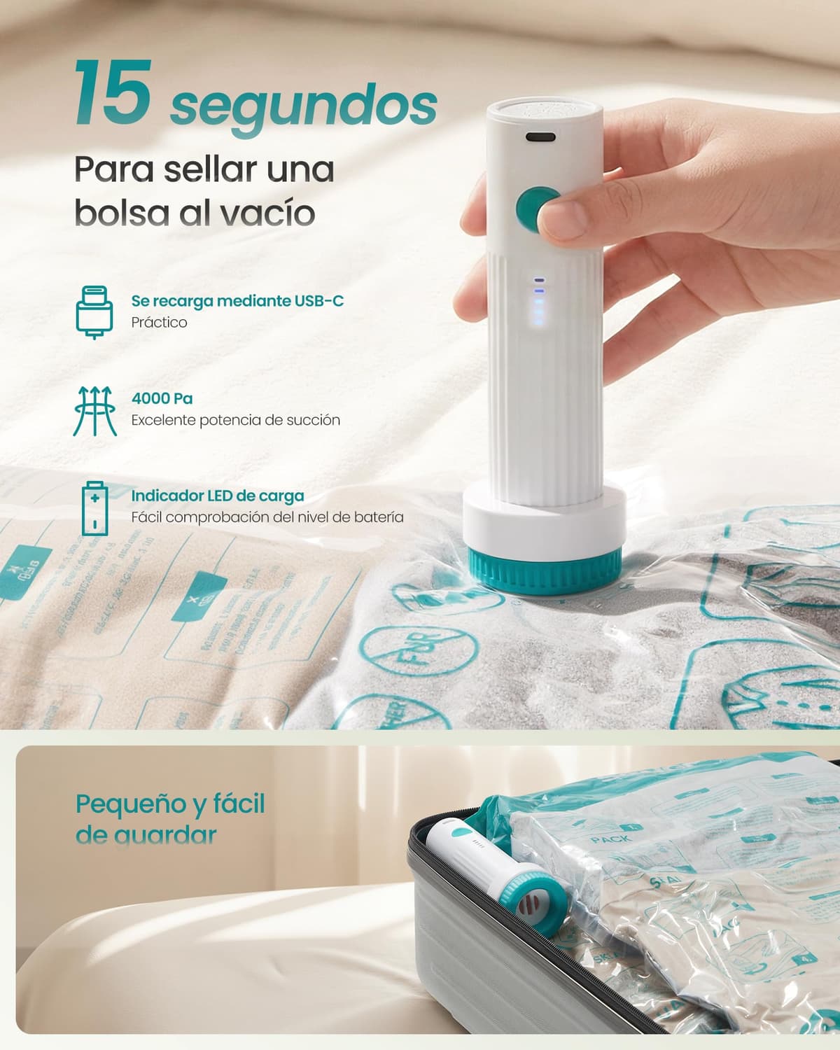 SONGMICS Bolsas de Vacío con Bomba Eléctrica Recargable y Portátil, Bolsas para Ropa, Sábanas, Armarios y Viajes, Compactas y Reutilizables, 15 Piezas, 3M/4L/4J/4X-J, Transparentes LVB204W101 — view 5