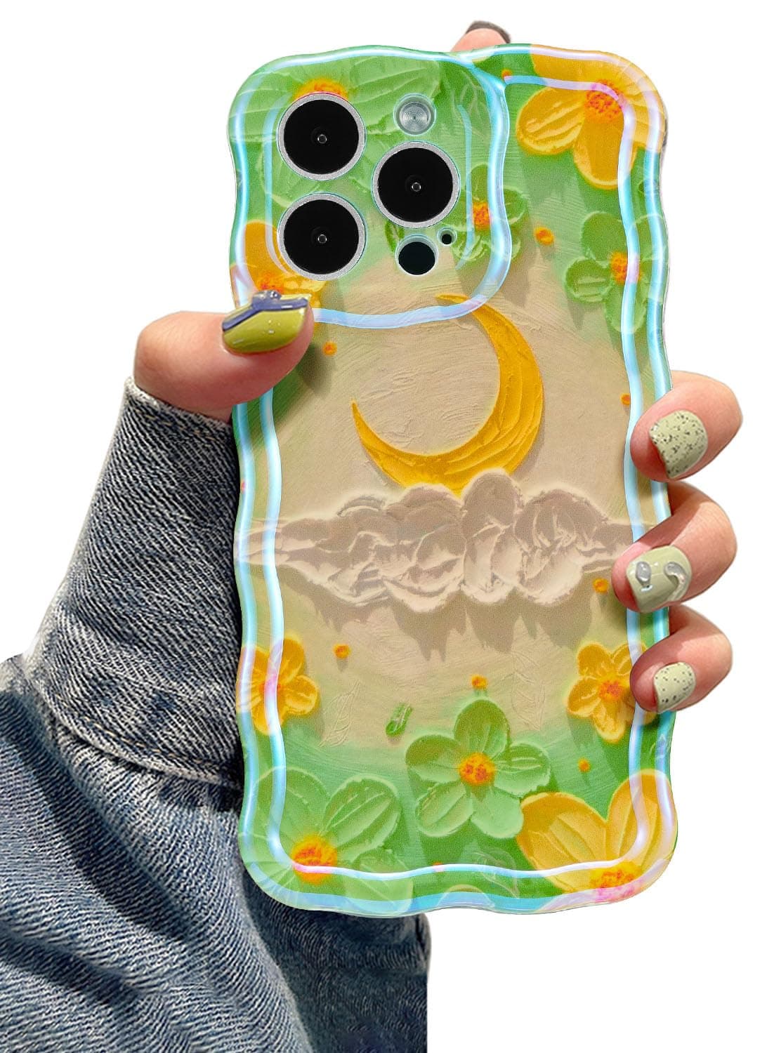 EYZUTAK Case for iPhone 17 Pro, Colorful Retro Oil Painting Printed Flower Laser Glossy Pattern Cute Curly Wave Edge Exquisite Phone Cover Stylish Durable TPU Protective Case for Girl Women-Green — view 41