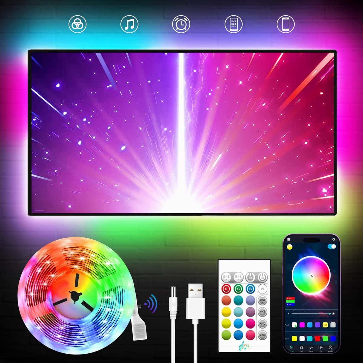 KANTUTOE TV LED Lights, 3m LED Lights for 32-45 Inch TVs, RGB TV Backlight with Remote, Colour Changing Music Sync Bluetooth APP Control Strip Lights USB Powered for Bedroom Gaming Room Decor — view 9