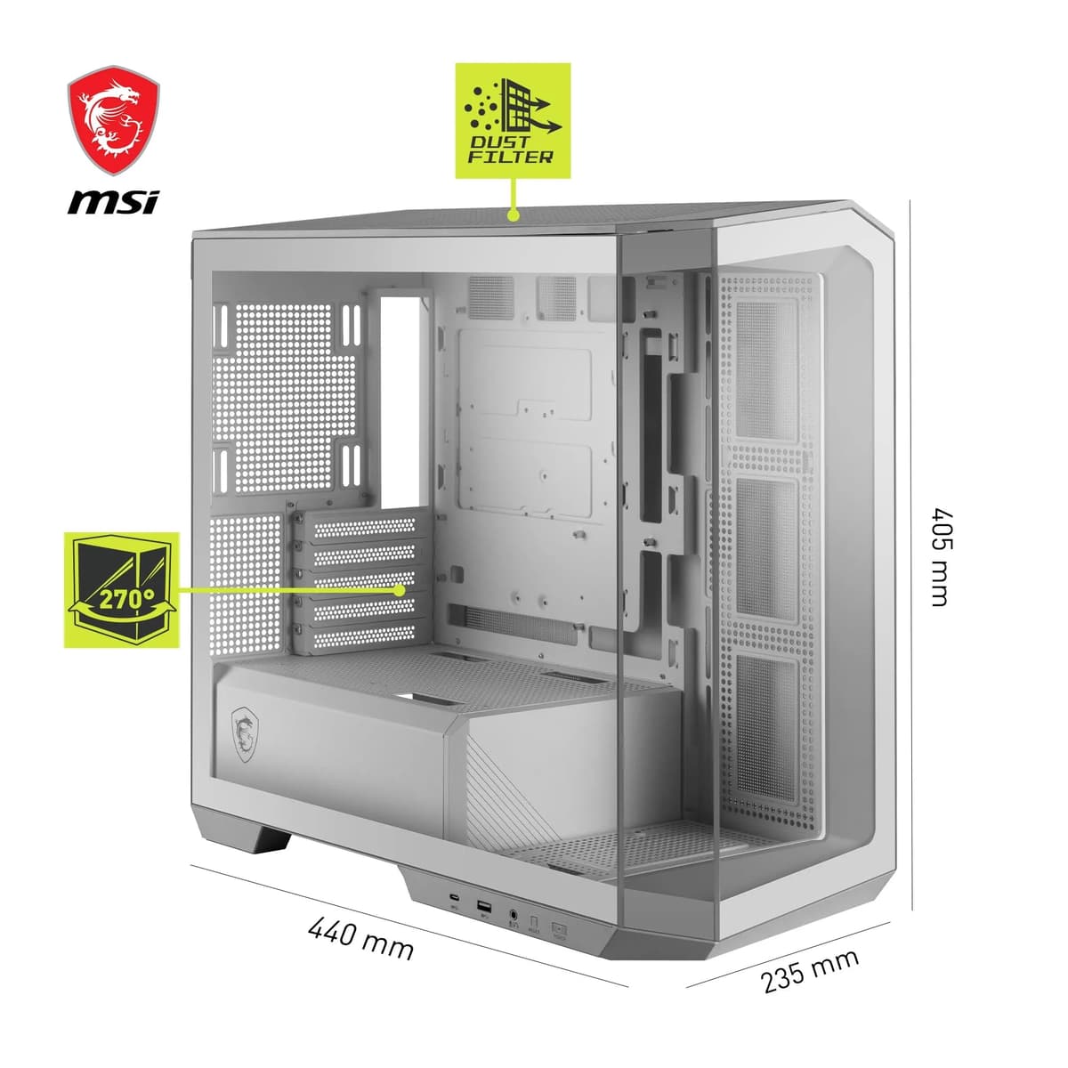 MSI MAG PANO M100L PZ WHITE Micro-ATX PC Case - Micro-ATX Capacity, GPU Support Stand, Level Indicator, Dust Filters, 33 mm Cable Routing Space, USB Type-C (20Gbps) — view 3