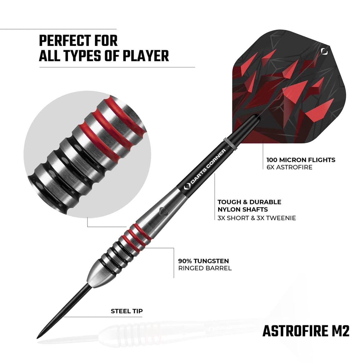 Darts Corner Astrofire | Juego de Dardos con Cuerpo 90% tungsteno y Punta de Acero Incluye 6 Aletas, 6 Varillas, Tarjeta de Pago y Estuche de Almacenamiento, Anillos y — view 4