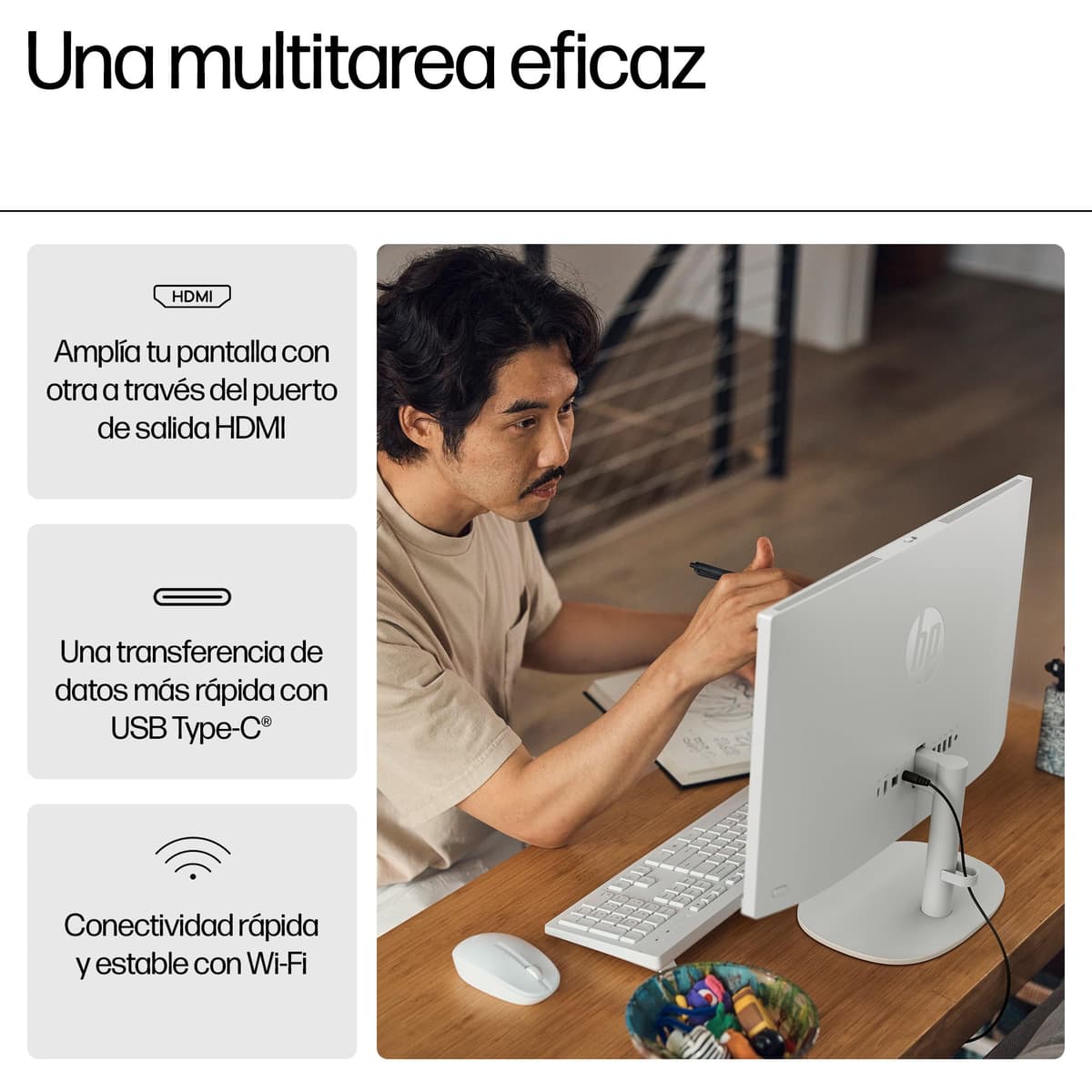 HP All-in-One 22-dg0014ns - Ordenador de 21.5" (Intel N100, 8GB RAM, 256GB SSD, Intel UHD Graphics, Windows) - White - Teclado QWERTY Español — view 3