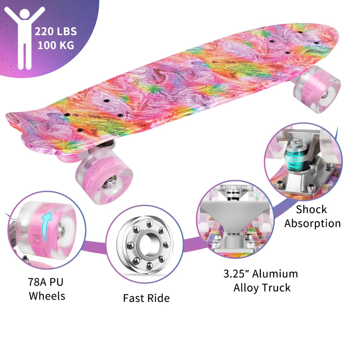 BELEEV Skateboard Complete 22 x 6 Inch Mini, para Niños, Adolescentes, Principiantes, Ruedas con luz LED de PU con Herramienta en T para Patines Todo en Uno, Monopatín 55cm — view 4