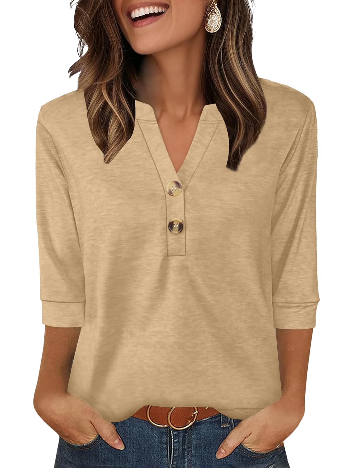 Aokosor Womens 3/4 Sleeve Tops Ladies Blouse V Neck Tunic Long Sleeve T Shirts Curved Hem Office Wear