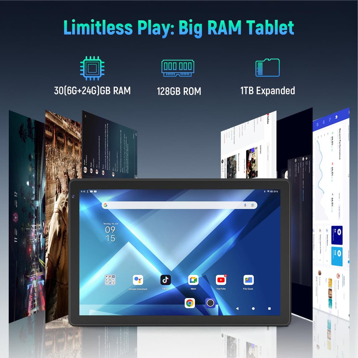 Whitedeer 10 inch Android 15 Tablet, Android Tablet with 30GB+128GB+1TB, Face ID, 5MP 8MP Camera, Split Screen, 1280x800 IPS Display, 5000mAh Battery, WiFi 6 5G 2.4G, Bluetooth 5.3, Widevine L1, Black — view 4