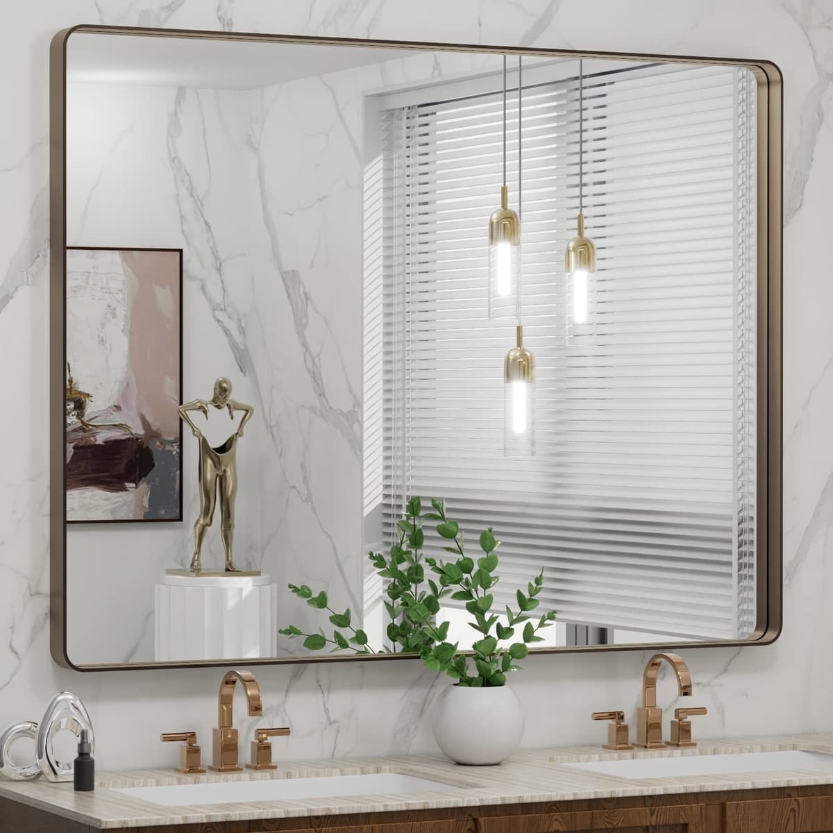 LOAAO 48”X36” Gold Bathroom Mirror, Rounded Rectangle Gold Frame Mirror, Brushed Gold Bathroom Vanity Mirror Wall-Mounted, Anti-Rust, Tempered Glass, Hangs Horizontally or Vertically — view 51