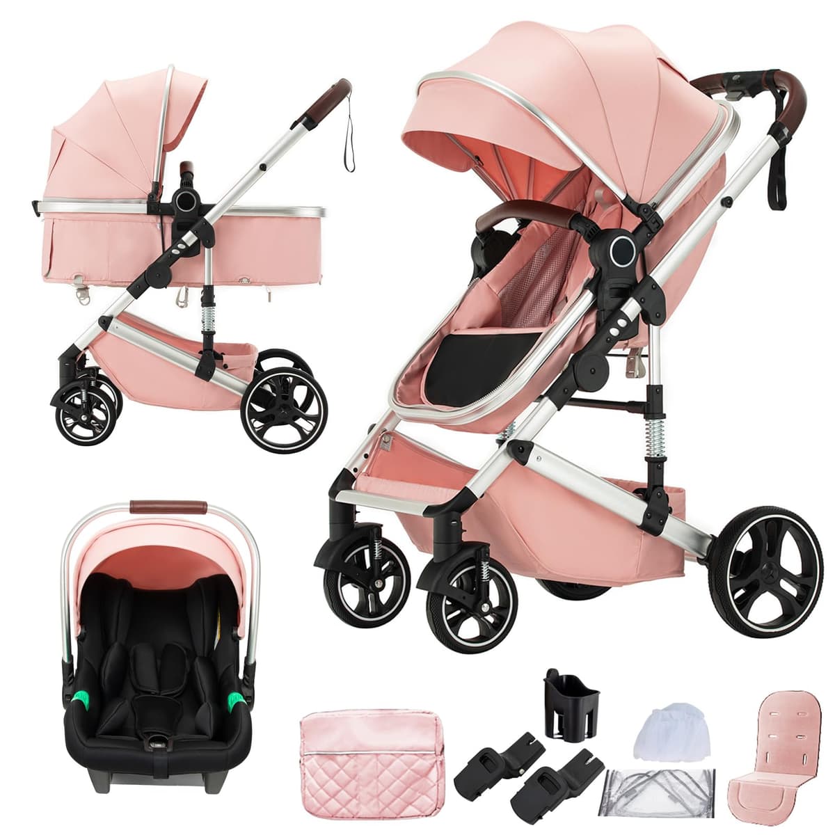 3 in 1 Baby Stroller with Height Adjustable Handle,3 in 1 Prams Travel System, Lightweight Foldable Pushchair, Prams with Aluminum Frame for Portable Baby Carriage (D2 Pink, H2-D) — view 10