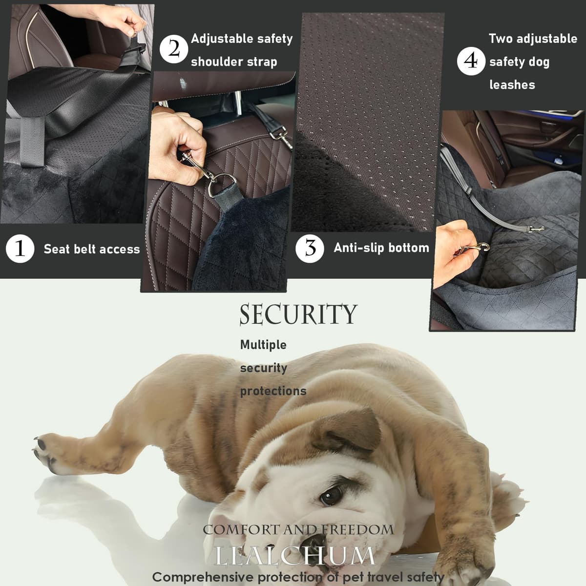 Lealchum Dog Booster Car Seat for S/M Dogs Up to 35lbs,Soft 6in Elevated Cushion,Fits in Front/Back Seat,Fully Detachable and Washable,2 Storage Pockets & 3 Straps,Easy to Install (Black/Brown,Medium) — view 3
