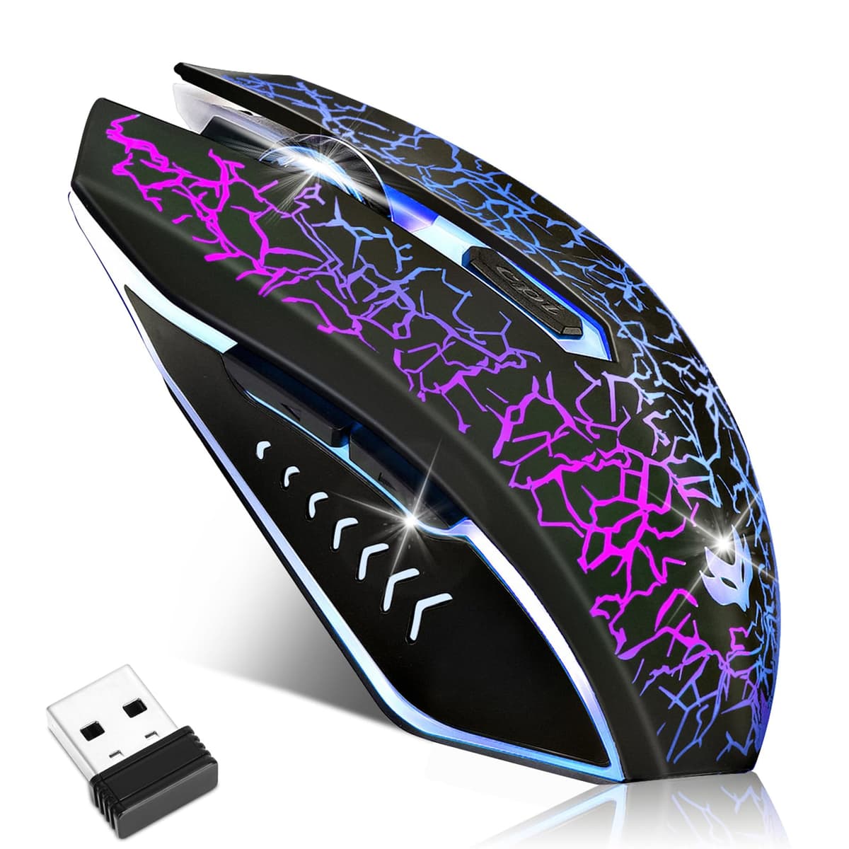 Wireless Gaming Mouse, Rechargeable Computer Mouse, 7-Color LED Light, Ergonomic Mouse with 6 Silent Click Buttons, 3 Adjustable 2400 DPI Wireless Mouse for Laptop,PC,Mac, Black