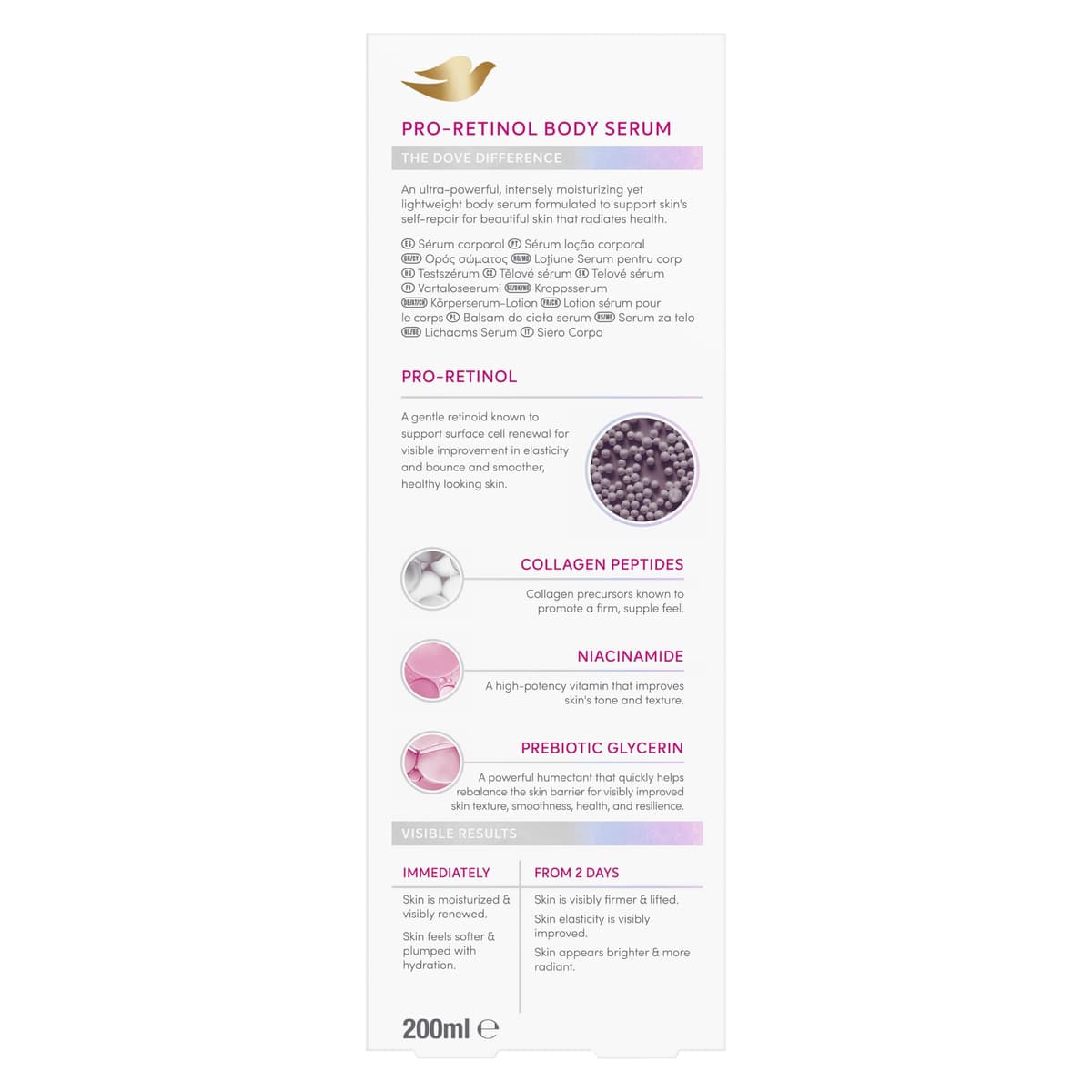 Dove Pro-Retinol+Firming Body Serum for Elasticity and Firmness with Collagen Peptides, Niacinamide and Prebiotic Glycerin 200 ML — view 2