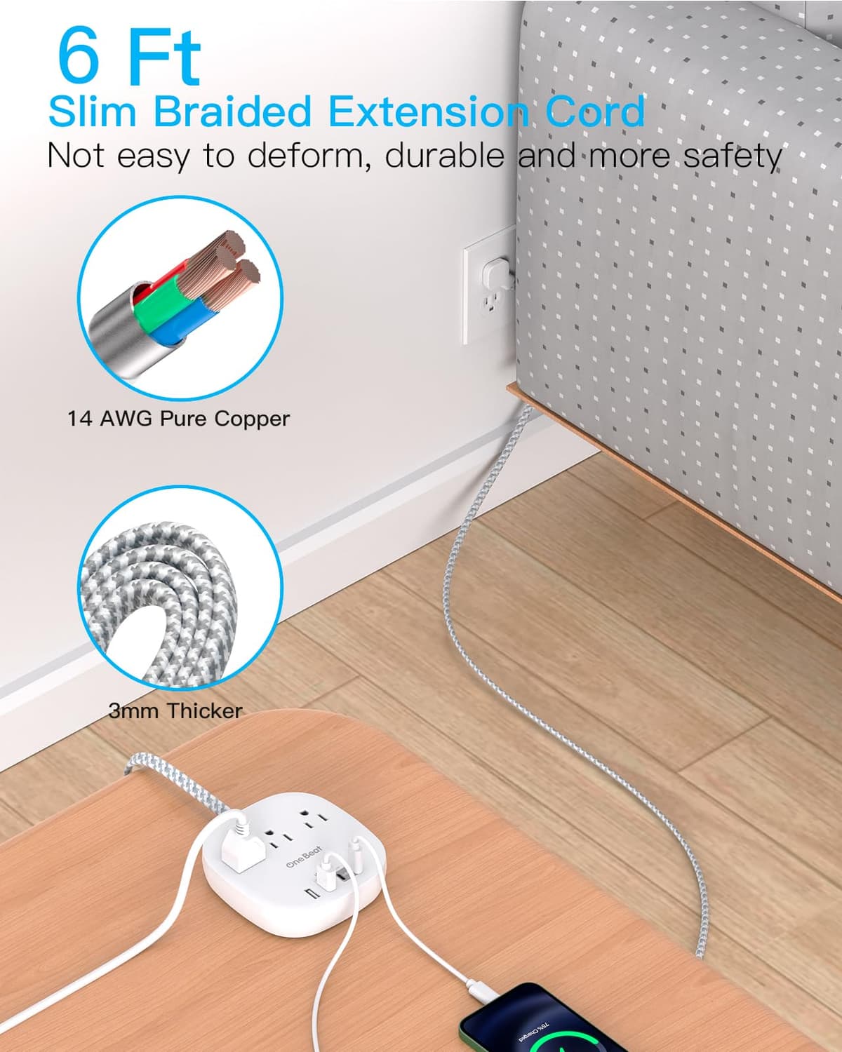 One Beat Flat Plug Power Bar with USB C, 6FT Ultra-Thin Extension Cord, 3 Outlet with 4 USB Ports (2 USB C) Desktop Charging Station, No Surge Protection for Cruise Ship, Travel Essentials, Dorm Room — view 5