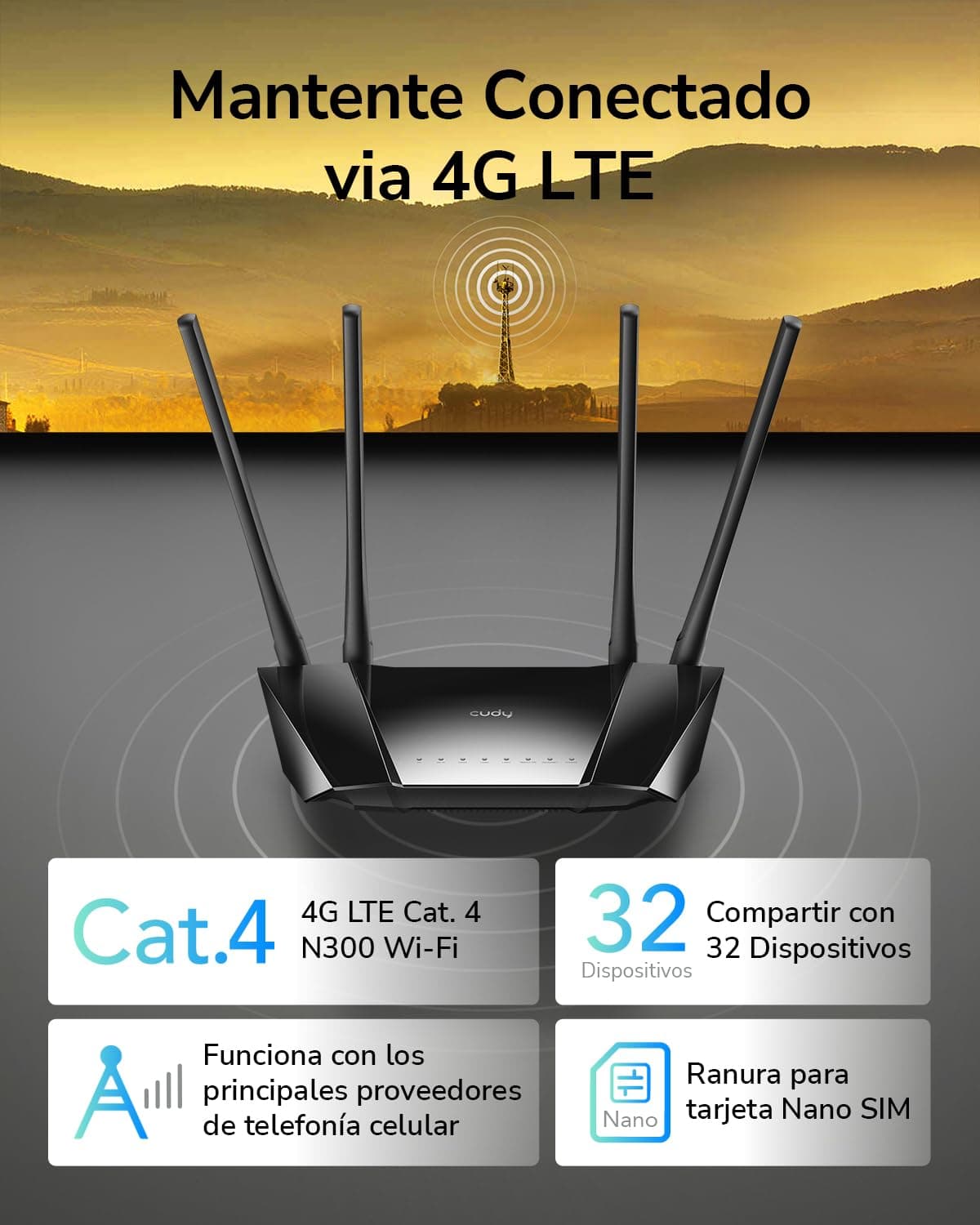 Cudy New LT400 Router 4G LTE WiFi 300Mbps, Compatible con Todos los operadores, FDD y TDD, Qualcomm en el Interior, sin Necesidad de configuración, VPN, DDNS — view 2