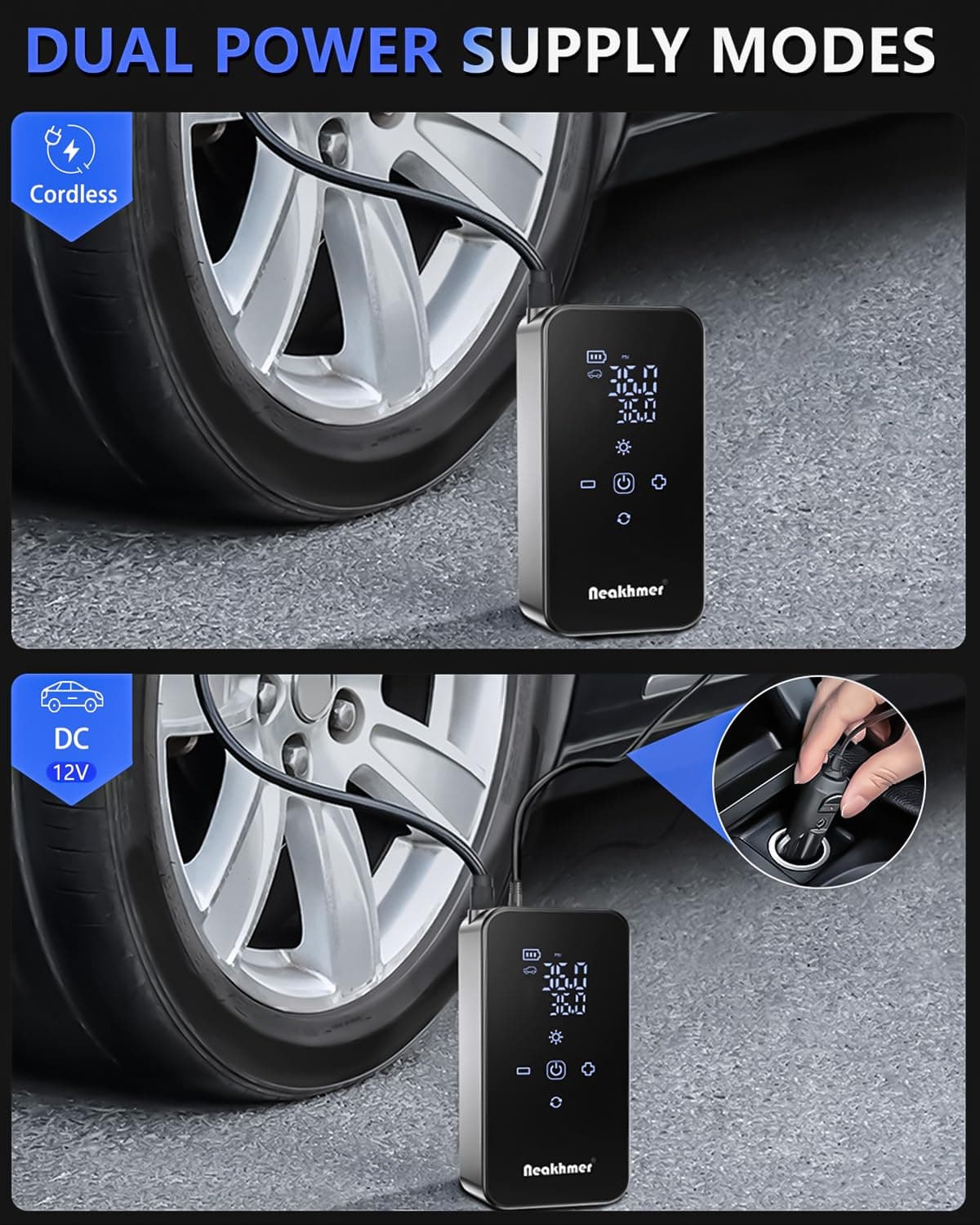 Inflador Ruedas Coche Hinchador Electrico: Mini Compresor Aire Portatil 150 PSI, con batería de 6000 mAh, Bomba Bicicleta 12 V con medidor de presión de neumáticos para Coche,Bicicleta y Motocicleta — view 3