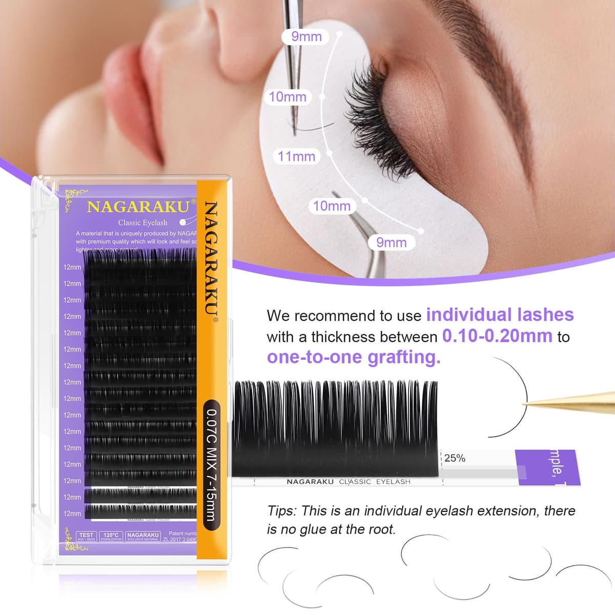 NAGARAKU Pestañas Individuales Clásicas 1:1 Suaves Y Naturales Volumen Ruso Pelo a Pelo Base Sin Pegamento Para Extension De Pestañas Profesional 16 Filas Alta Capacidad Negro Mate (0.07 CC 11mm) — view 9