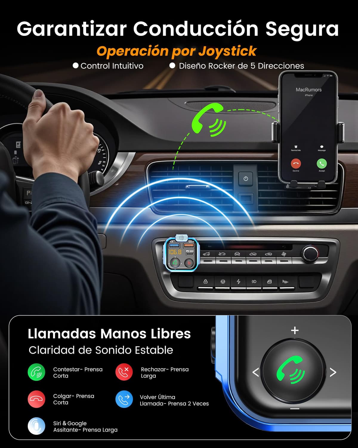 LENCENT Transmisor FM Bluetooth 5.3,Manos Libres Reproductor Música Coche, Deep Bass Sonido Hi-Fi, Adaptador Radio Bluetooth 2 USB+Tipo C 20W Carga Rápida, Soporte Memoria USB — view 2