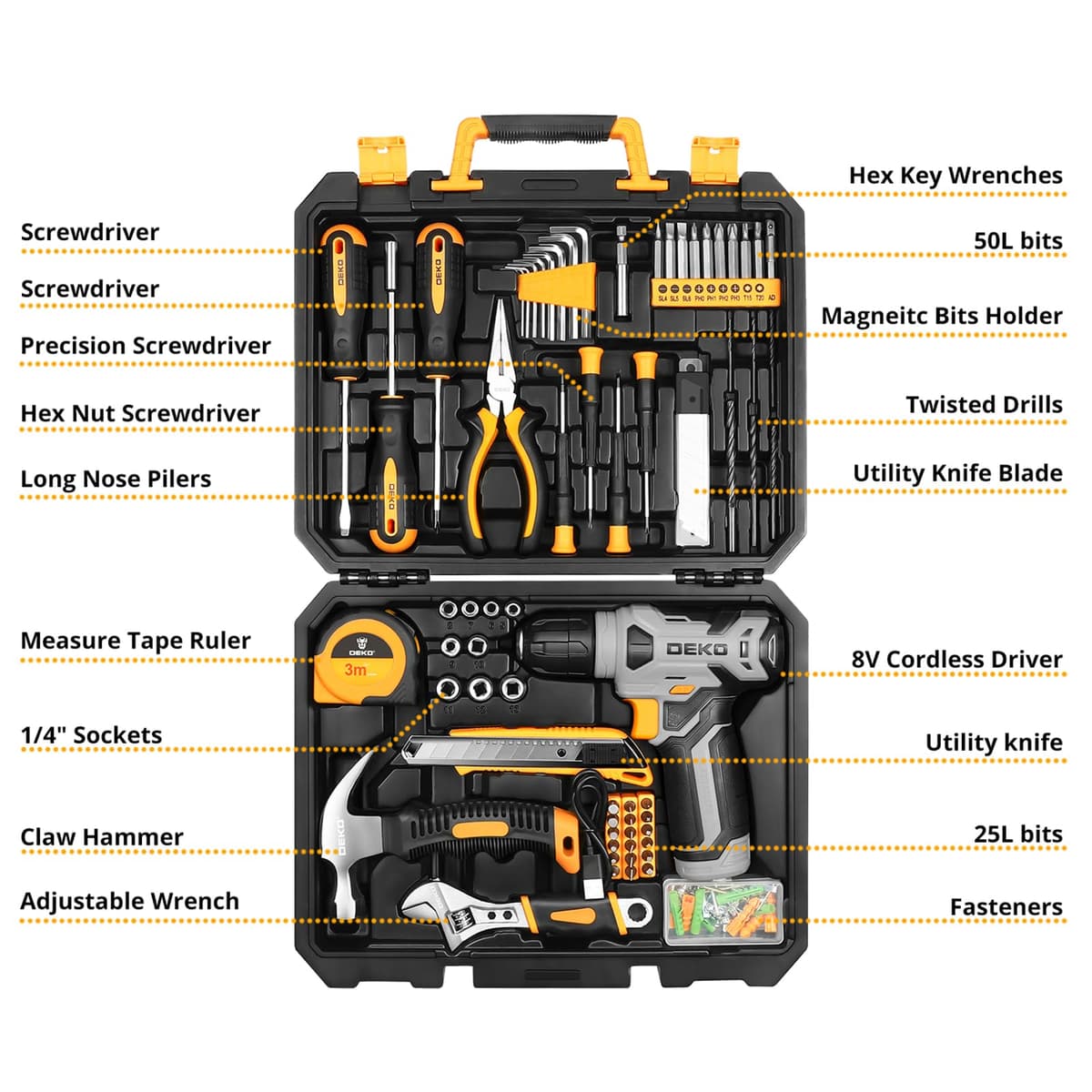 DEKO Caja Herramientas Completa con Destornillador Electrico/Taladro con bateria de 8V, Maletin de 126 Piezas, Caja profesional de herramientas Domésticas de Bricolaje para Oficinas y Jardín, Gris — view 2