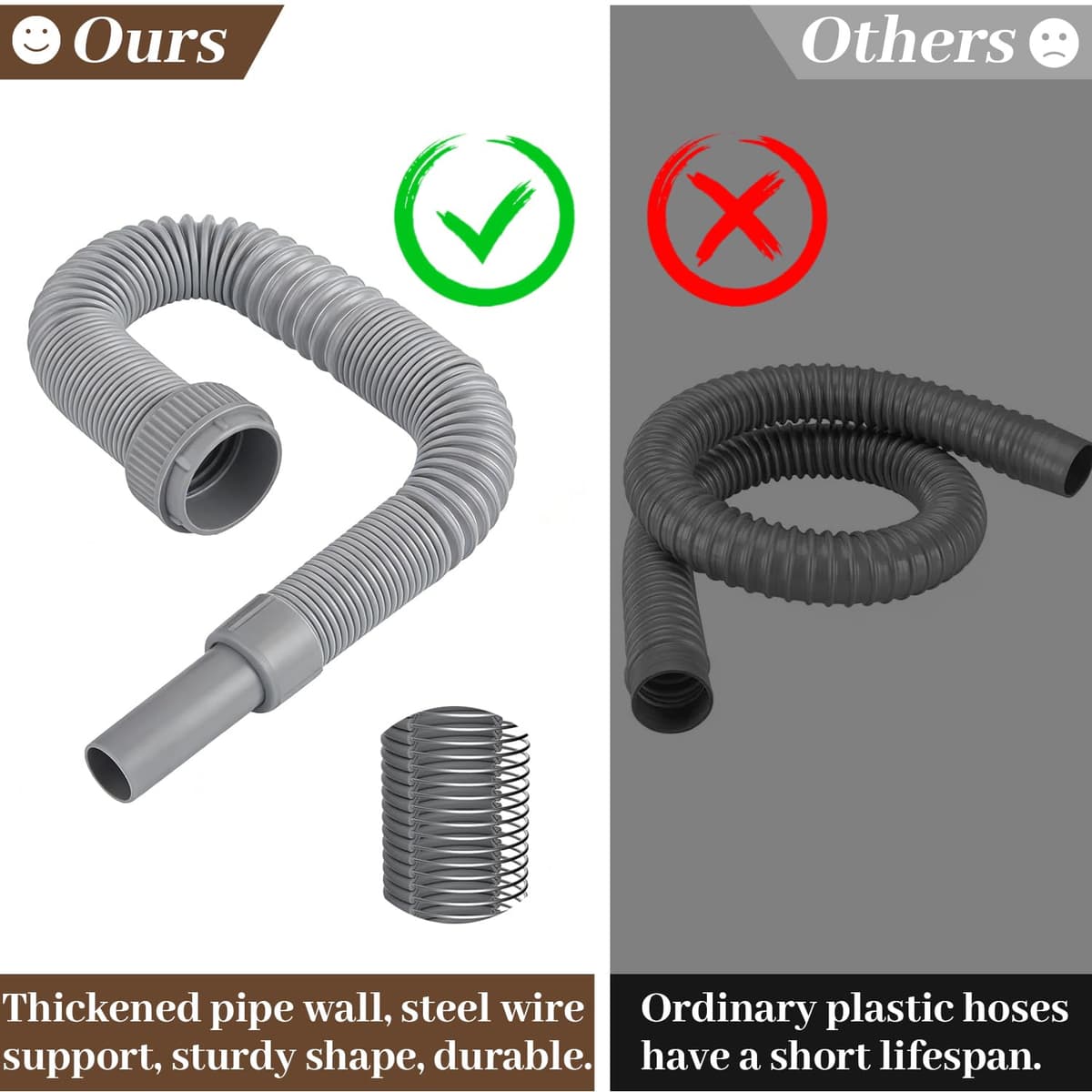 Tubo de desagüe flexible 45 mm, tubo extensible para fregadero, manguera con refuerzo de acero, adaptador 40 mm, kit duradero para cocina y baño (Gris) — view 4