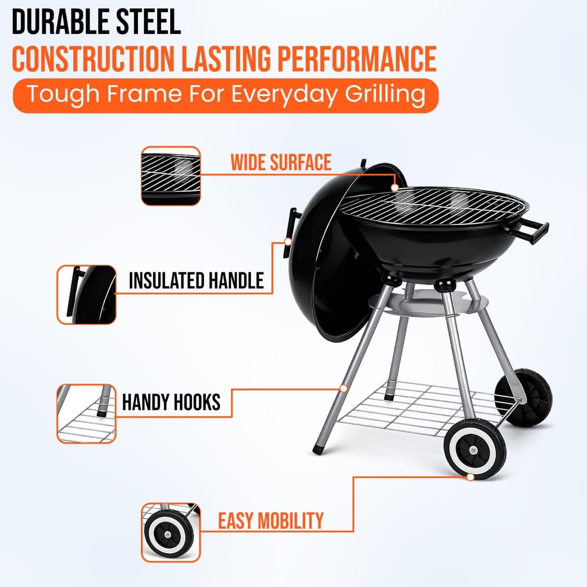 BBQ Grill Patio Portable Charcoal BBQ Kettle with Cover & Cooking Utensils Tools, heels Stand Garden Camping Caravan Outdoor Barbecue Ball Rounded Bbq on wheels Black 43.5 cm Stainless Steel — view 5