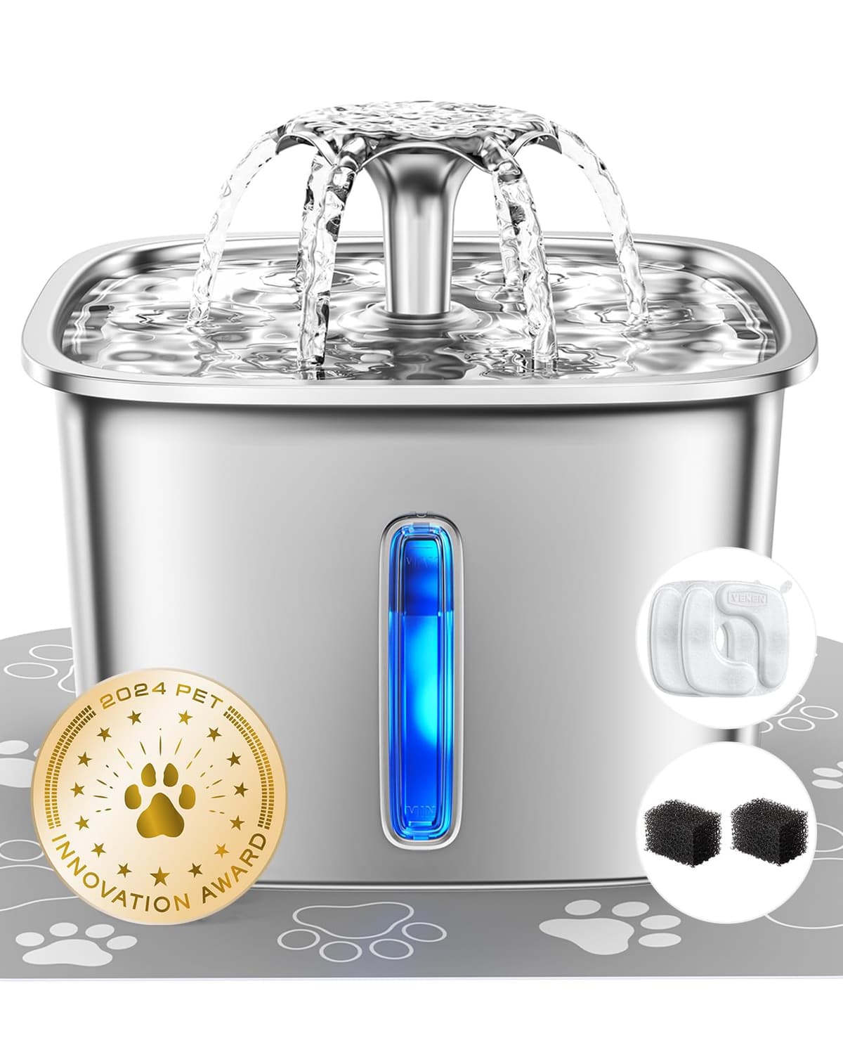 Veken Innovation Award Winner Stainless Steel Cat Water Fountain, 108oz/3.2L Automatic Pet Fountain Dog Water Dispenser with 3 Replacement Filters & Silicone Mat, Gifts for Cats, Dogs (Silver) — view 14