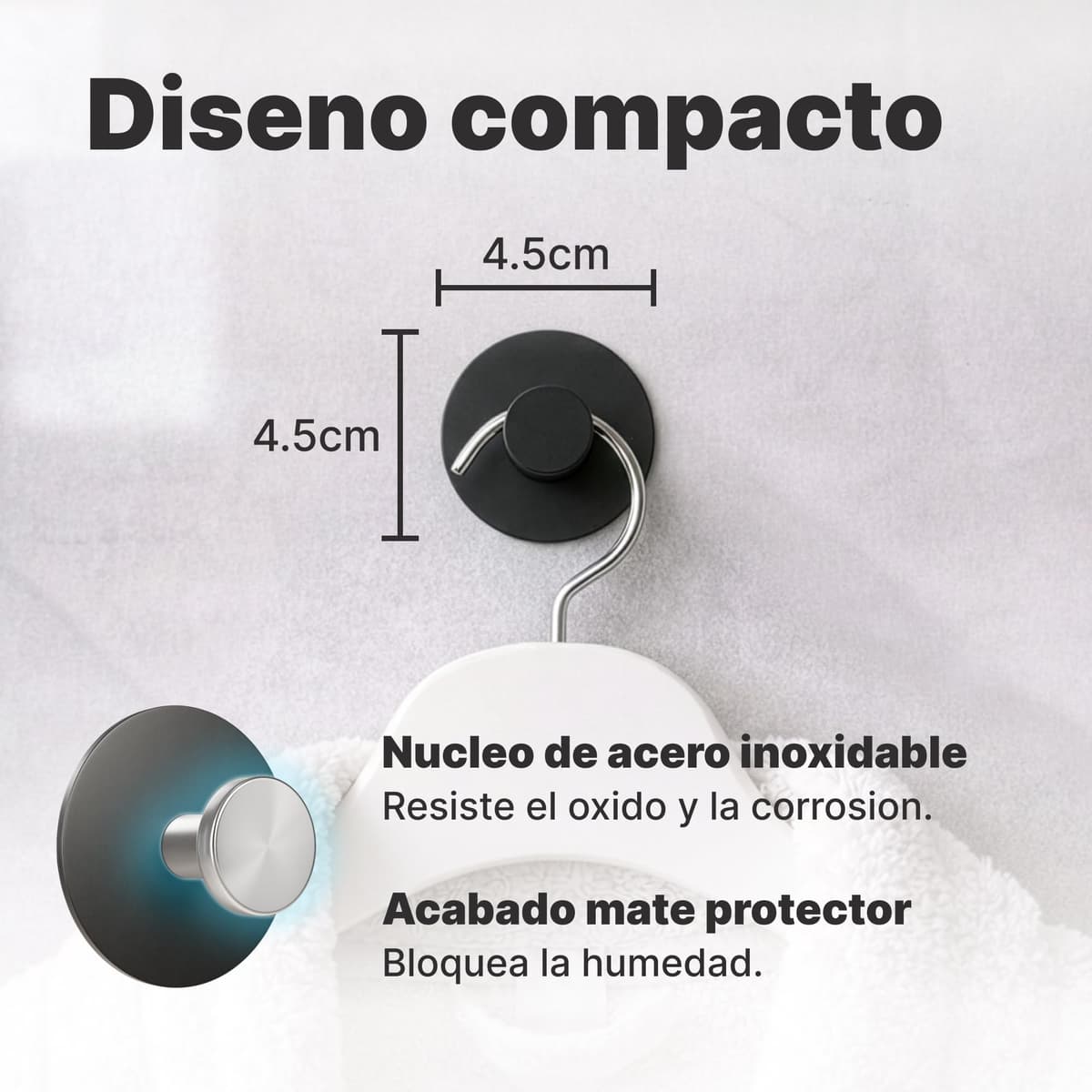 Minismus Ganchos Adhesivos para Pared, Colgadores Adhesivos Resistentes sin Taladro, Colgador Toalla Baño Cocina y Entrada, Ganchos para Colgar con Pomo Redondo, Acero Inoxidable Negro, 6 Unidades — view 3