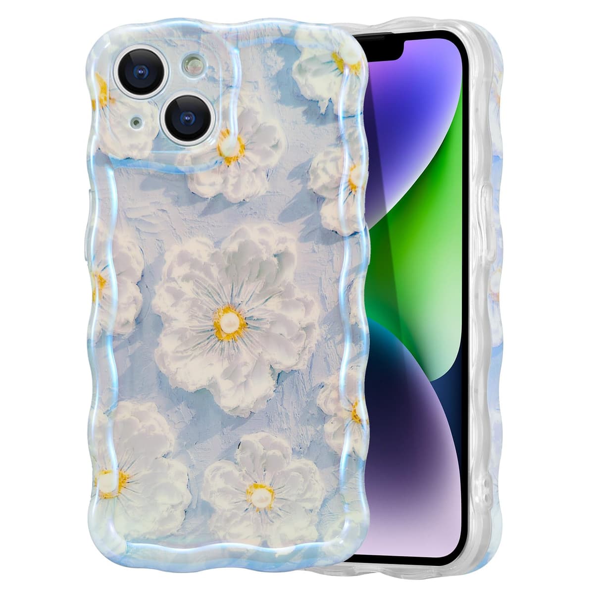 EYZUTAK Case for iPhone 16, Colorful Retro Oil Painting Printed Flower Laser Glossy Pattern Cute Curly Wave Edge Exquisite Phone Cover Stylish Durable TPU Protective Case for Girl Women-Green — view 93